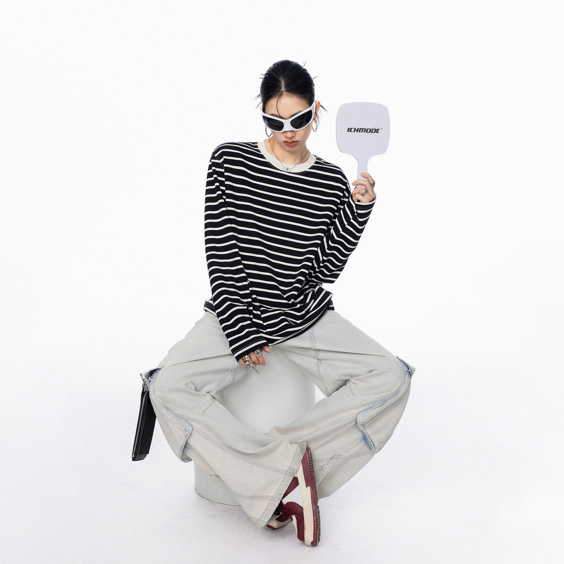 ICH MODE 美式复古圆领条纹长袖T恤女秋冬休闲百搭宽松打底上衣t