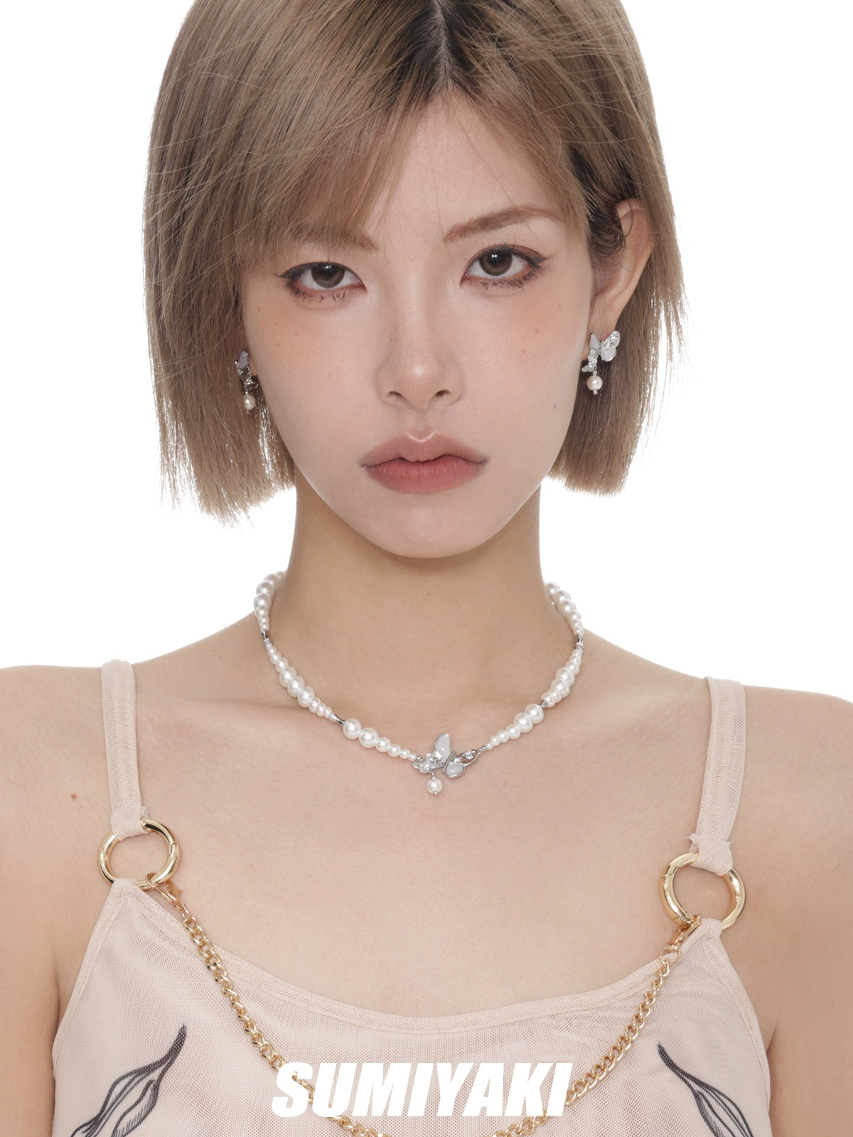清冷感蝴蝶SUMIYAKI 双生贝母蝴蝶春夏珍珠项链女时尚精致锁骨链