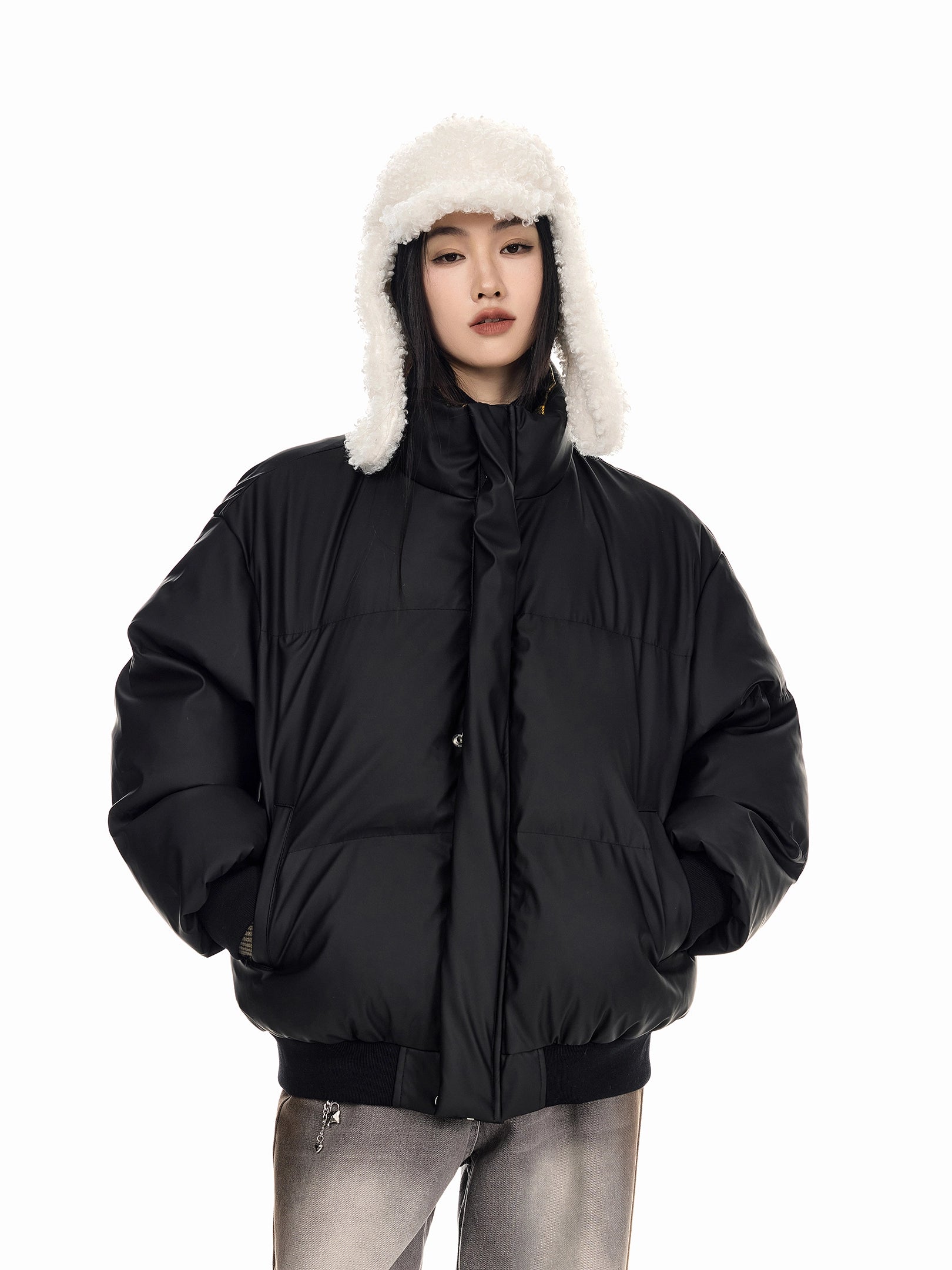 ICH MODE 美式复古格子拼接棉服女秋冬季保暖防寒面包服棉衣外套