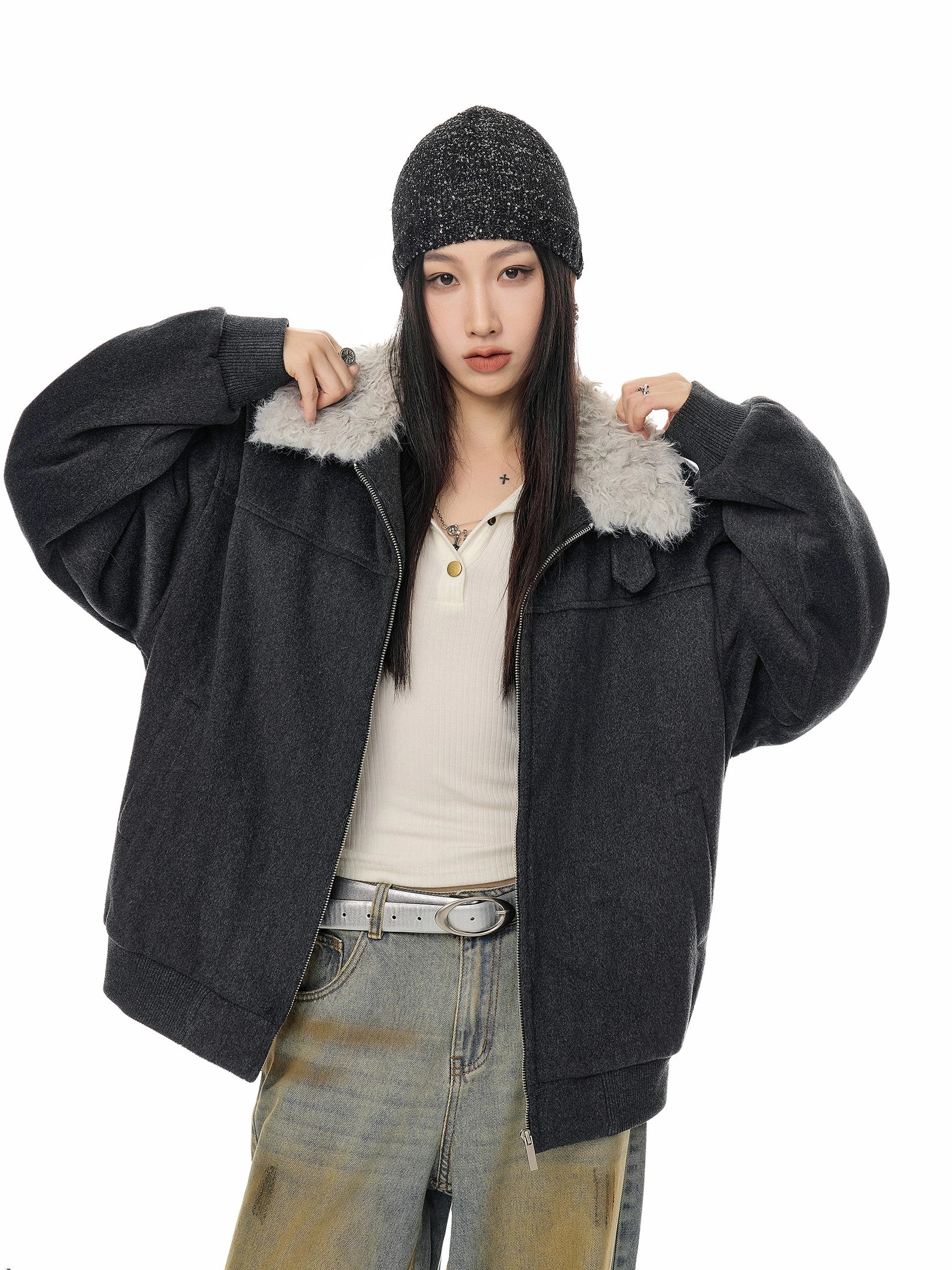 ICH MODE 美式复古毛领翻领棉服女2025新款冬季宽松防寒棉衣外套