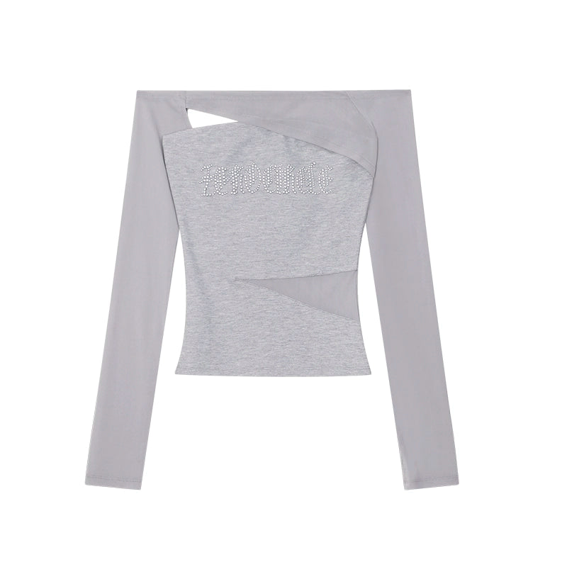 野生zerocircle 黑灰色一字肩网纱拼接上衣女夏季修身显瘦长袖t恤