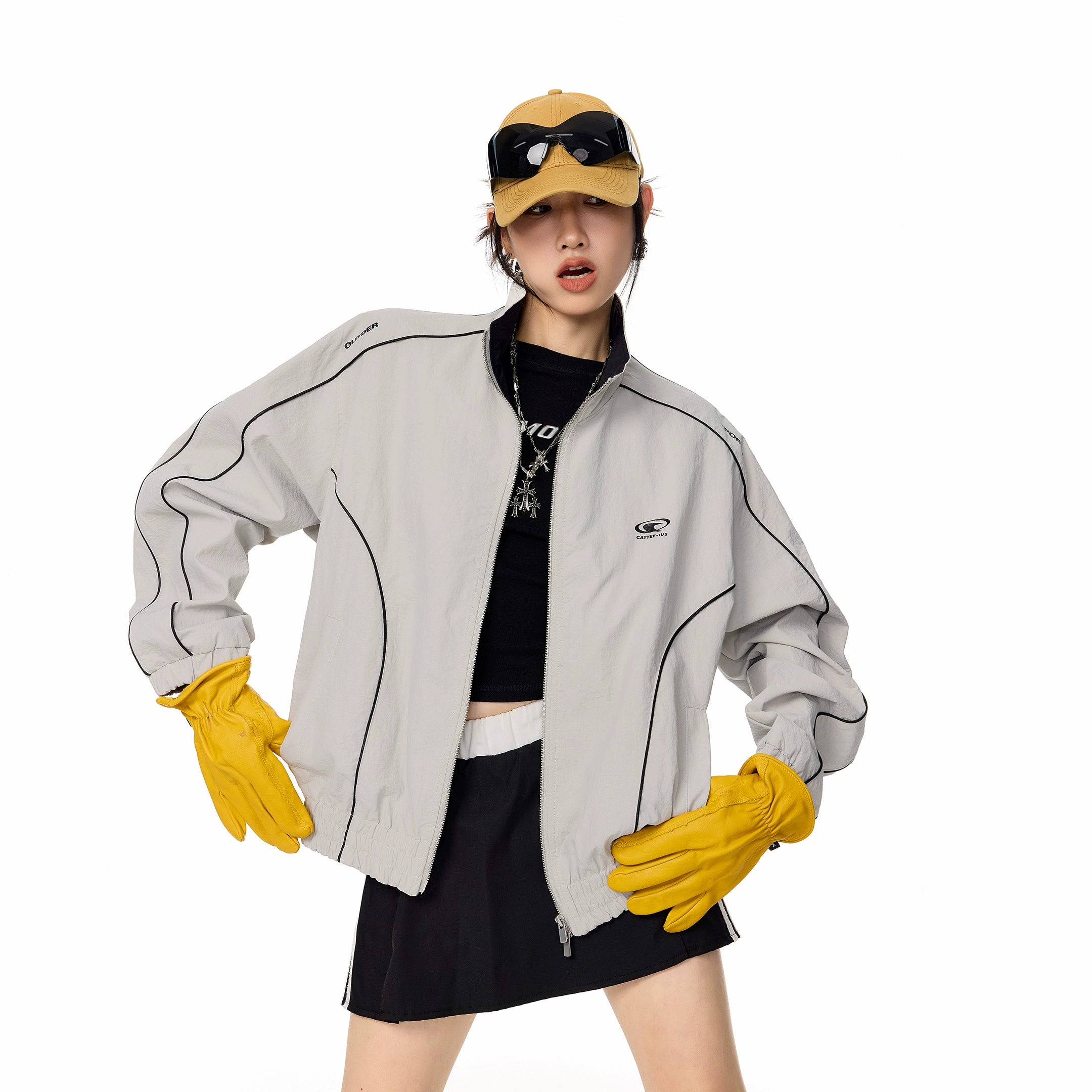 ICH MODE 美式复古撞色条纹外套女秋冬新款运动宽松休闲夹克上衣