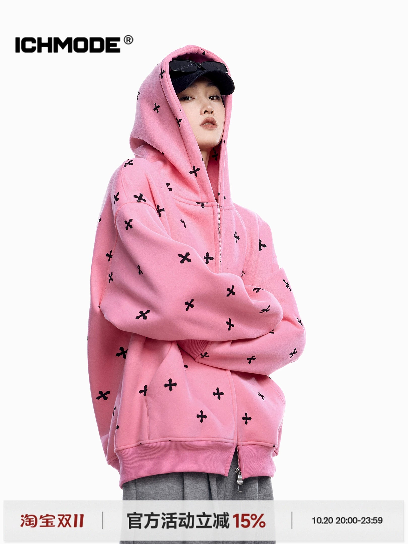 ICH MODE 美式复古满印十字架连帽卫衣外套女秋冬季拉链上衣开衫