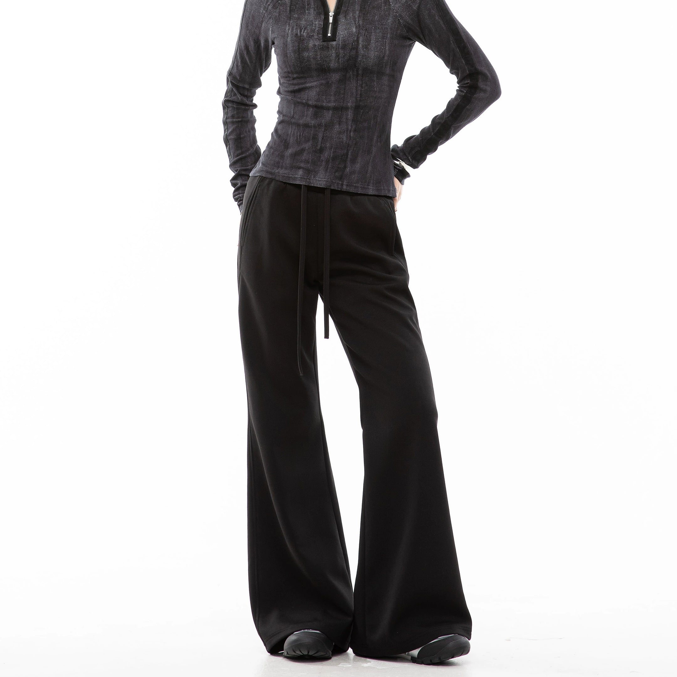 ICH MODE 美式复古微喇休闲裤女抽绳运动裤宽松直筒裤阔腿裤卫裤