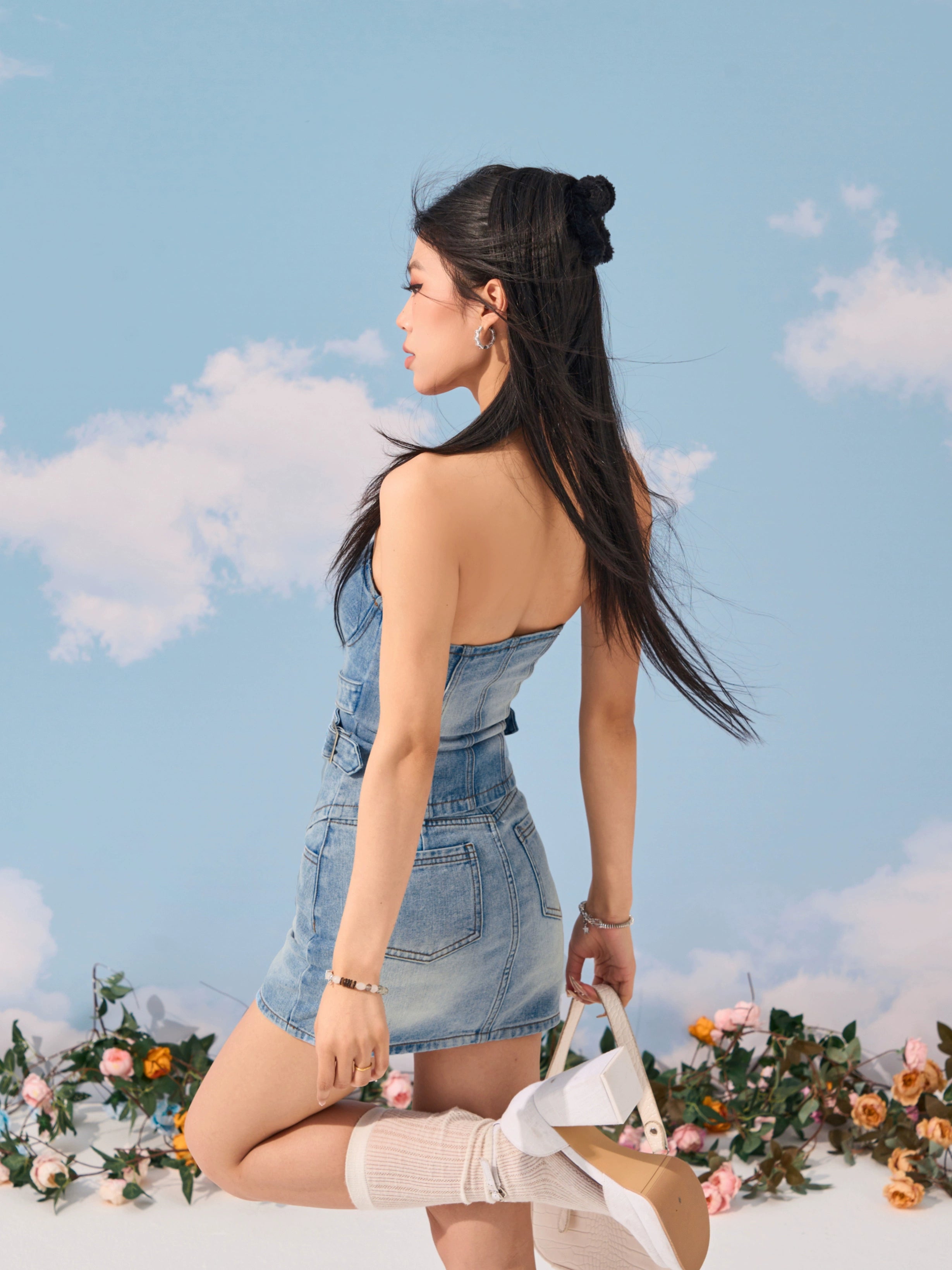 野生zerocircle 牛仔抹胸套装女夏abg辣妹高腰显瘦包臀半身短裙子