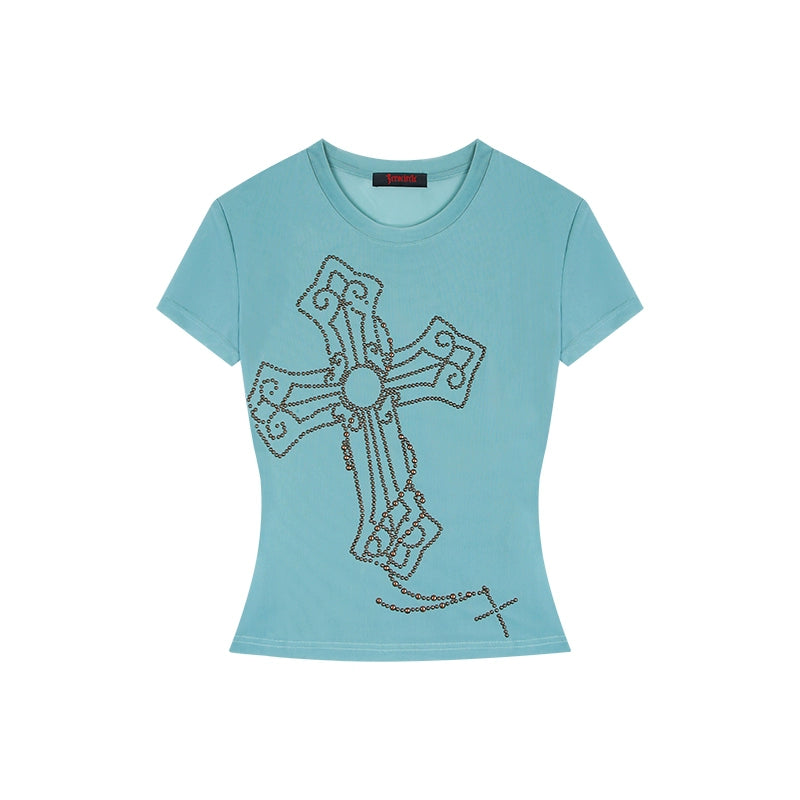 野生zerocircle 绿色烫钻正肩短袖t恤女春夏修身短款薄款网纱上衣