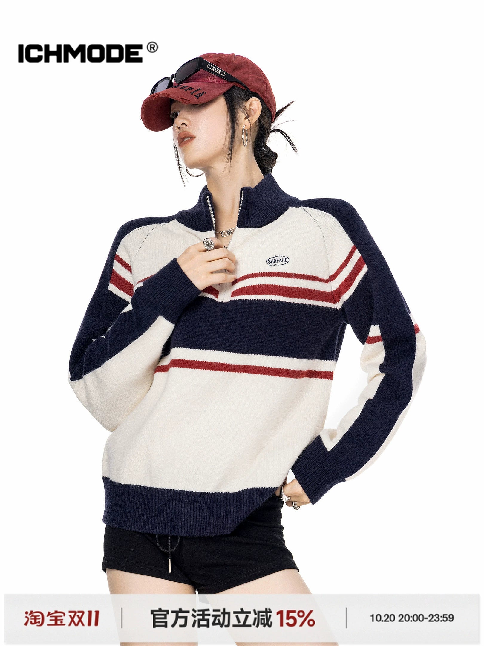 ICH MODE 美式复古撞色条纹半拉链针织衫女秋冬休闲运动毛衣上衣