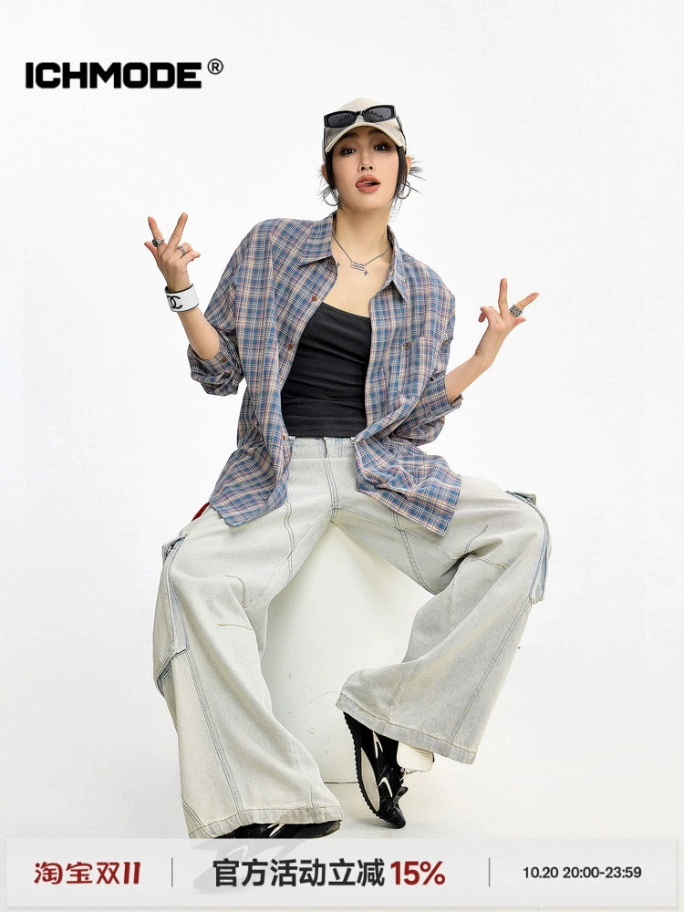 ICH MODE 美式复古格子长袖衬衫女夏季新款百搭休闲衬衣外套上衣
