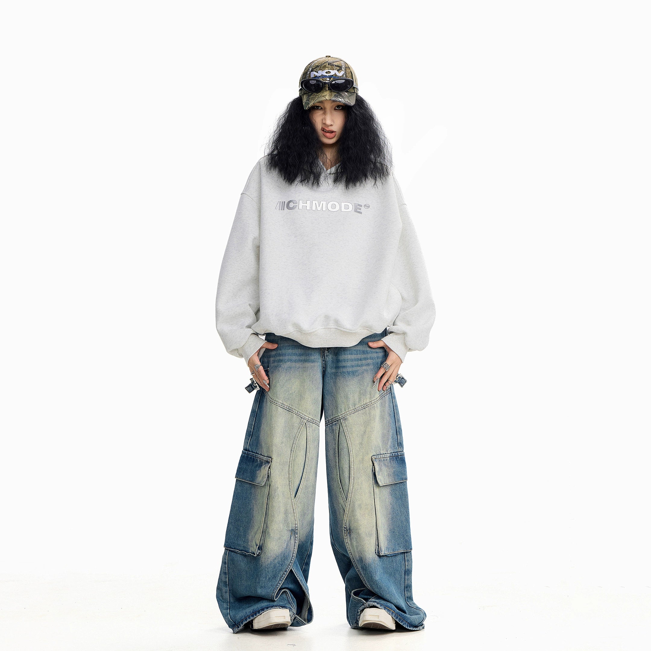 ICH MODE 美式印花黑色连帽卫衣女秋冬宽松流行外套上衣2025新款