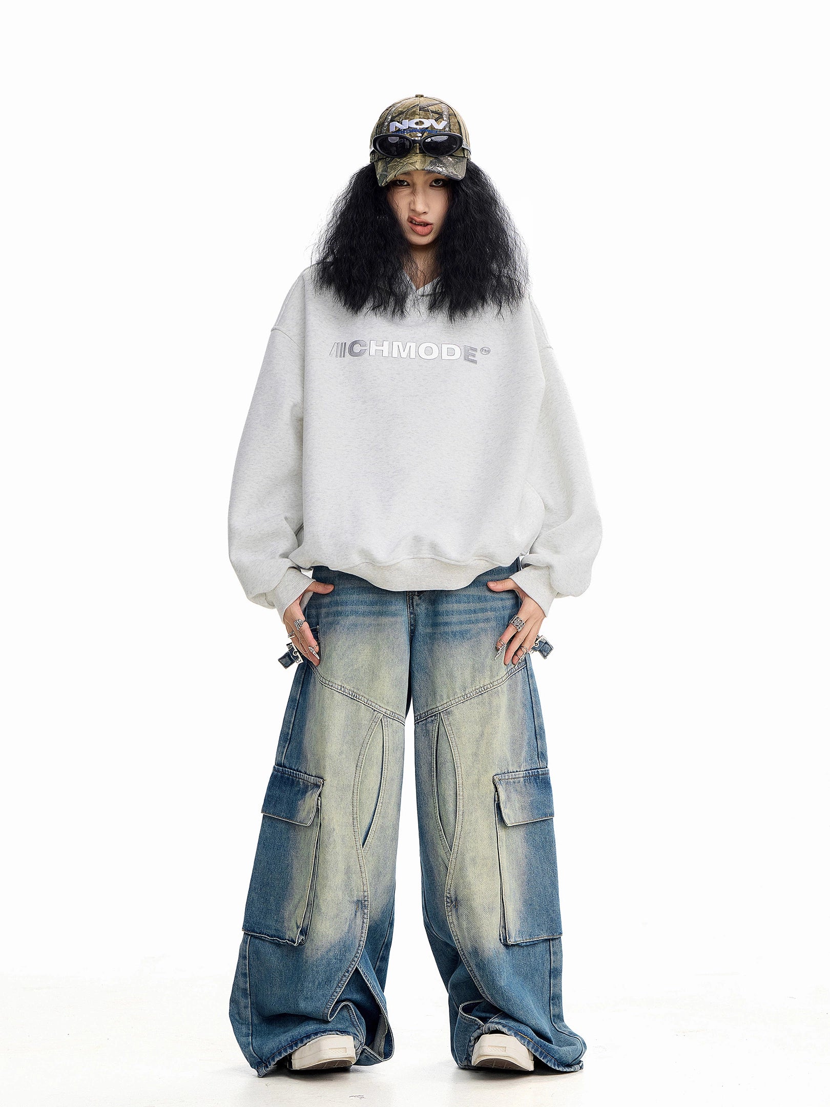 ICH MODE 美式印花黑色连帽卫衣女秋冬宽松流行外套上衣2025新款