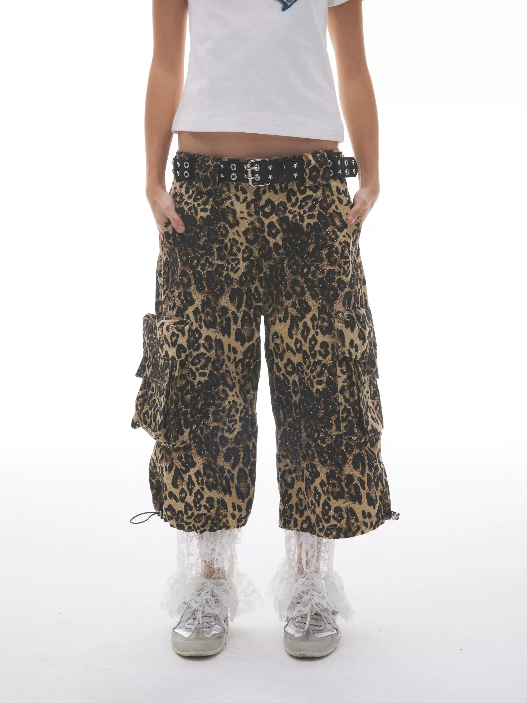 “钻石丛林”| eeee满钻豹纹重工小众夏季阔腿短裤七分裤baggy裤