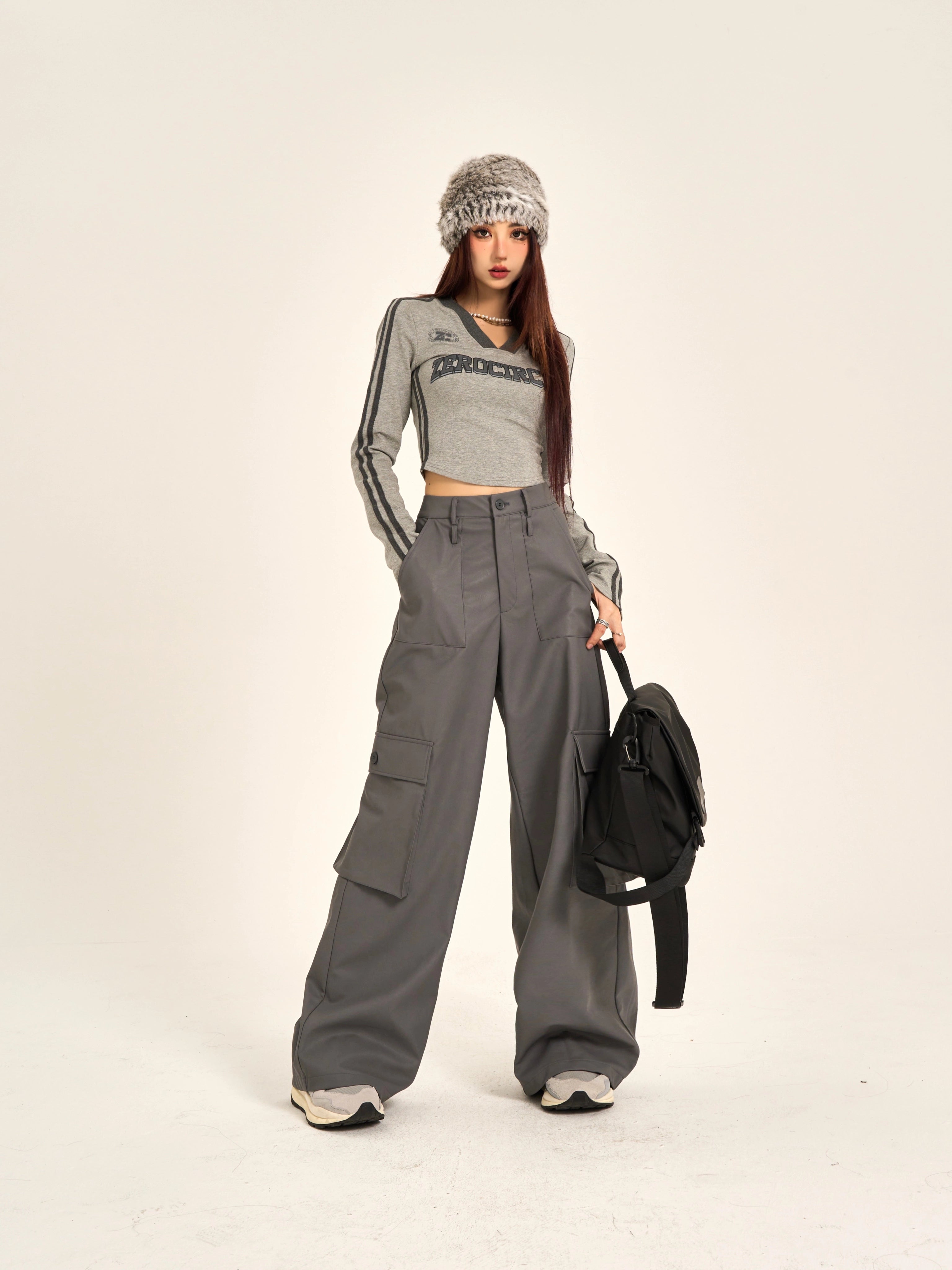 野生zerocircle灰黑色v领长袖t恤女春夏美式复古修身显瘦短款上衣