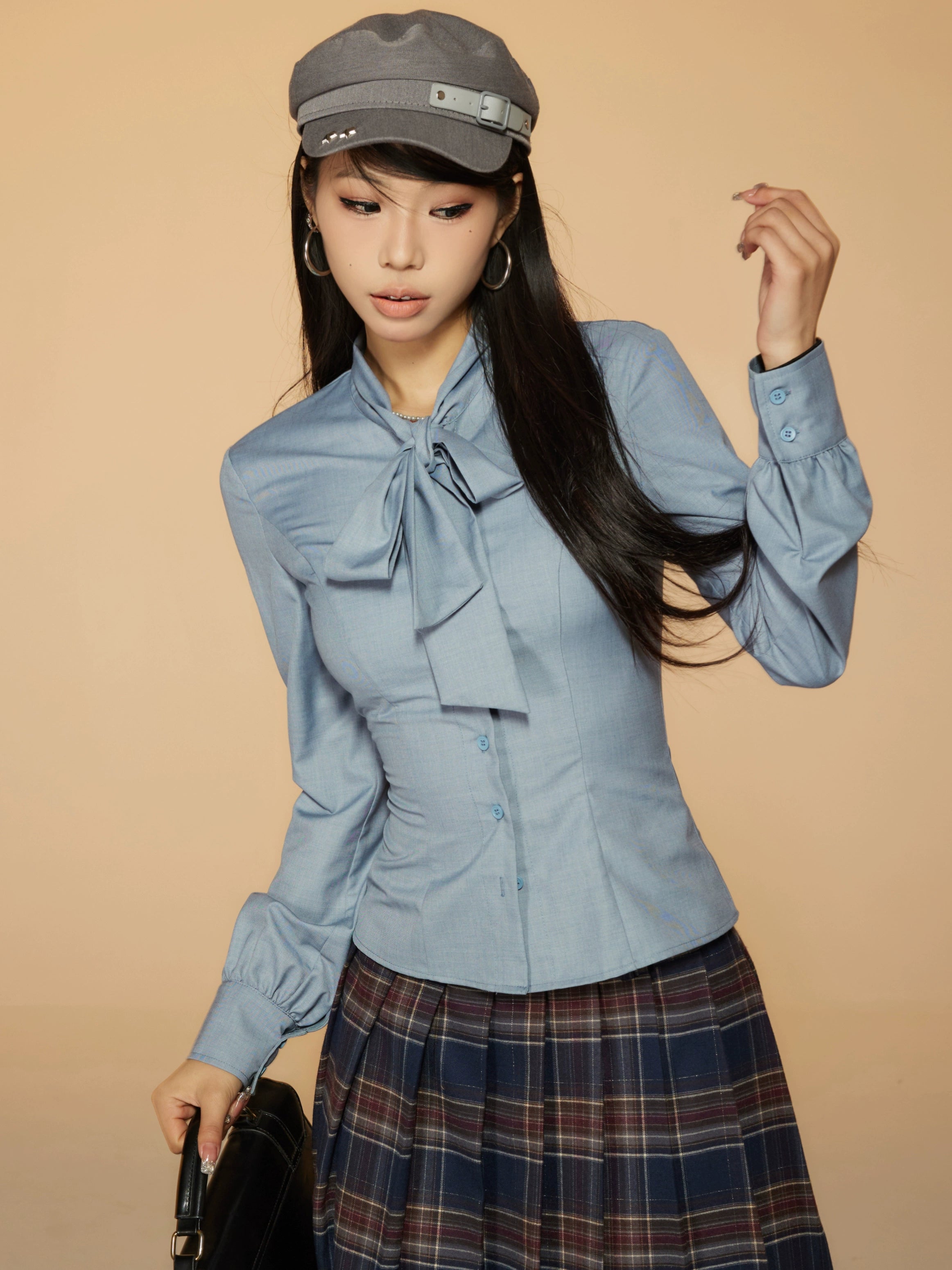 野生zerocircle灰蓝色长袖衬衫女春季修身显瘦收腰蝴蝶结绑带上衣