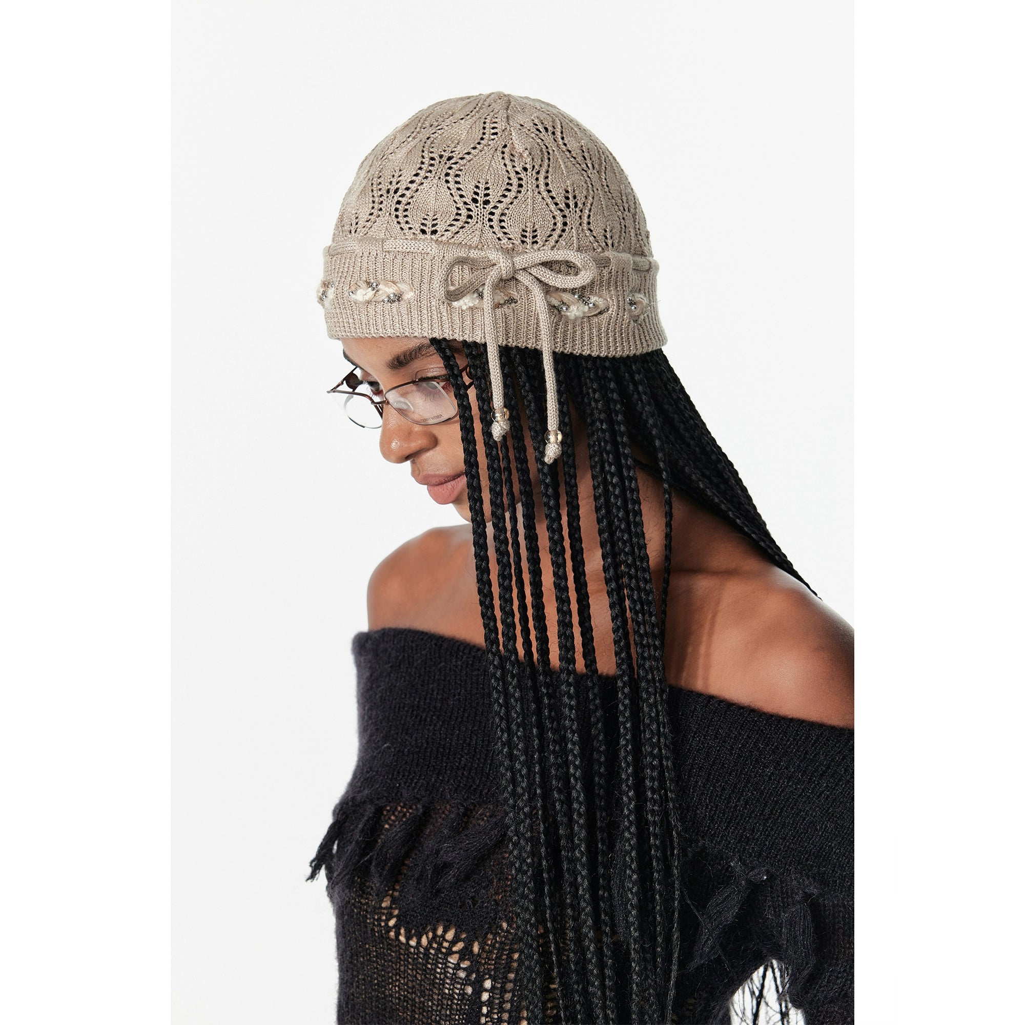 2th Desire蝴蝶结串珠绑带镂空立体花式包头帽织带针织帽毛线冷帽