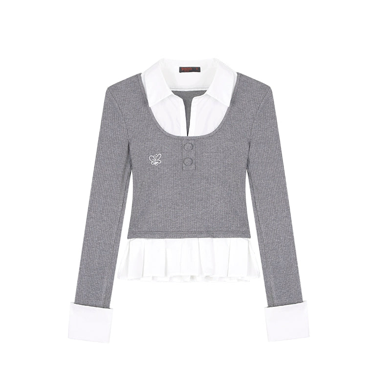 野生zerocircle灰色假两件针织衫女春季韩系修身显瘦拼接长袖上衣