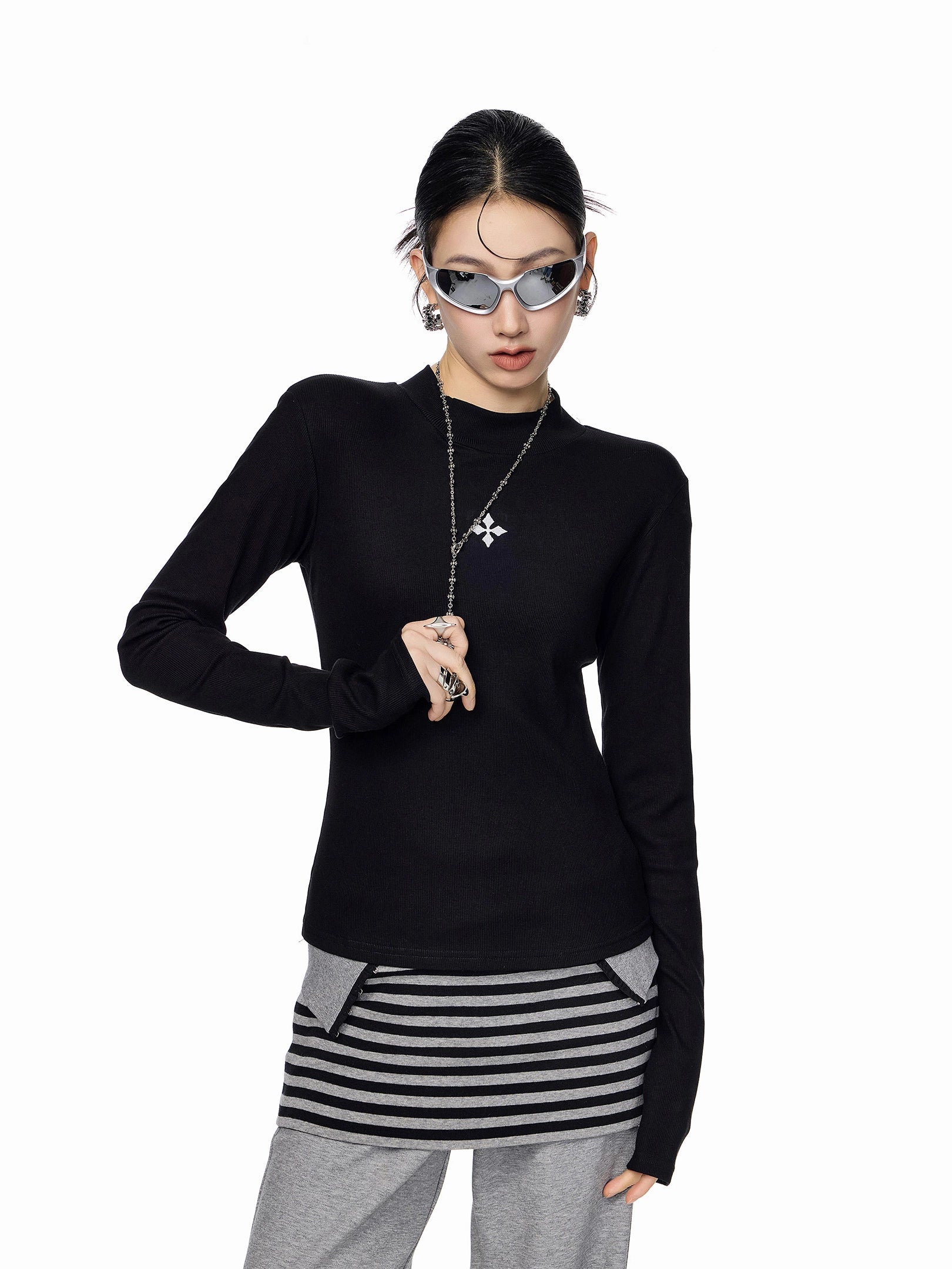 ICH MODE 美式复古修身长袖T恤女秋冬内搭打底衫修身圆领正肩上衣