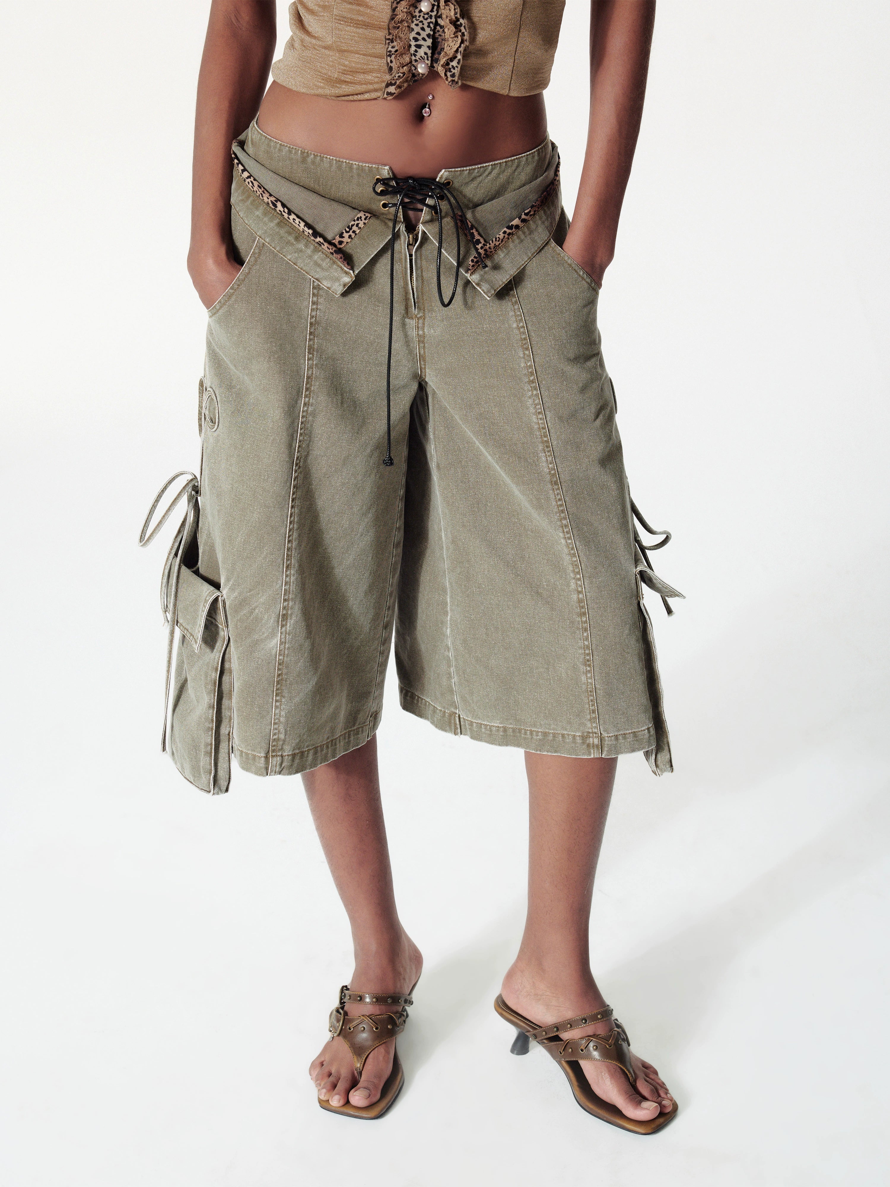 2th Desire复古解构洗水双腰头绑带豹纹撞色条工装感宽松中裤女