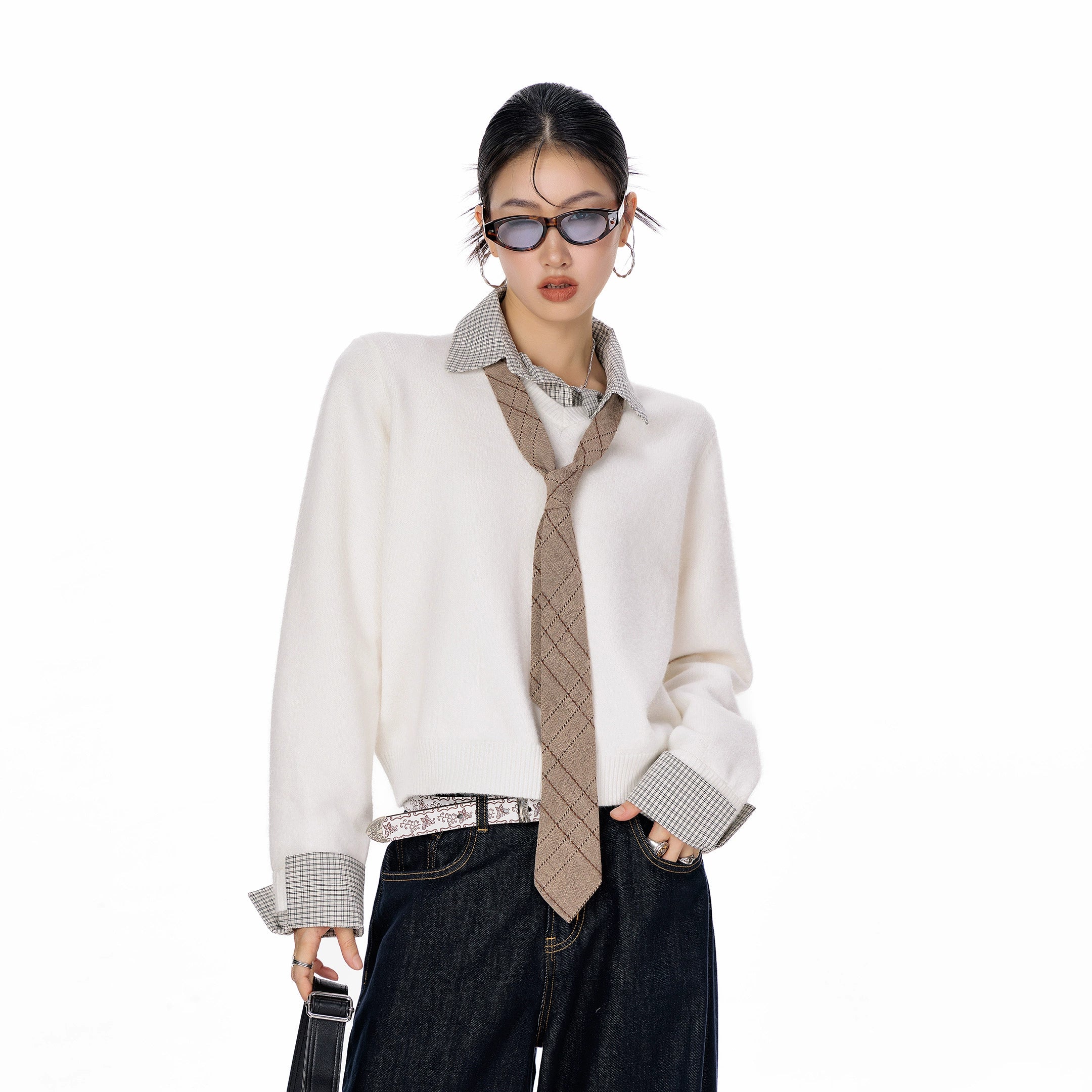 ICH MODE 美式复古假两件格子拼接毛衣女秋冬季毛针织衫POLO上衣