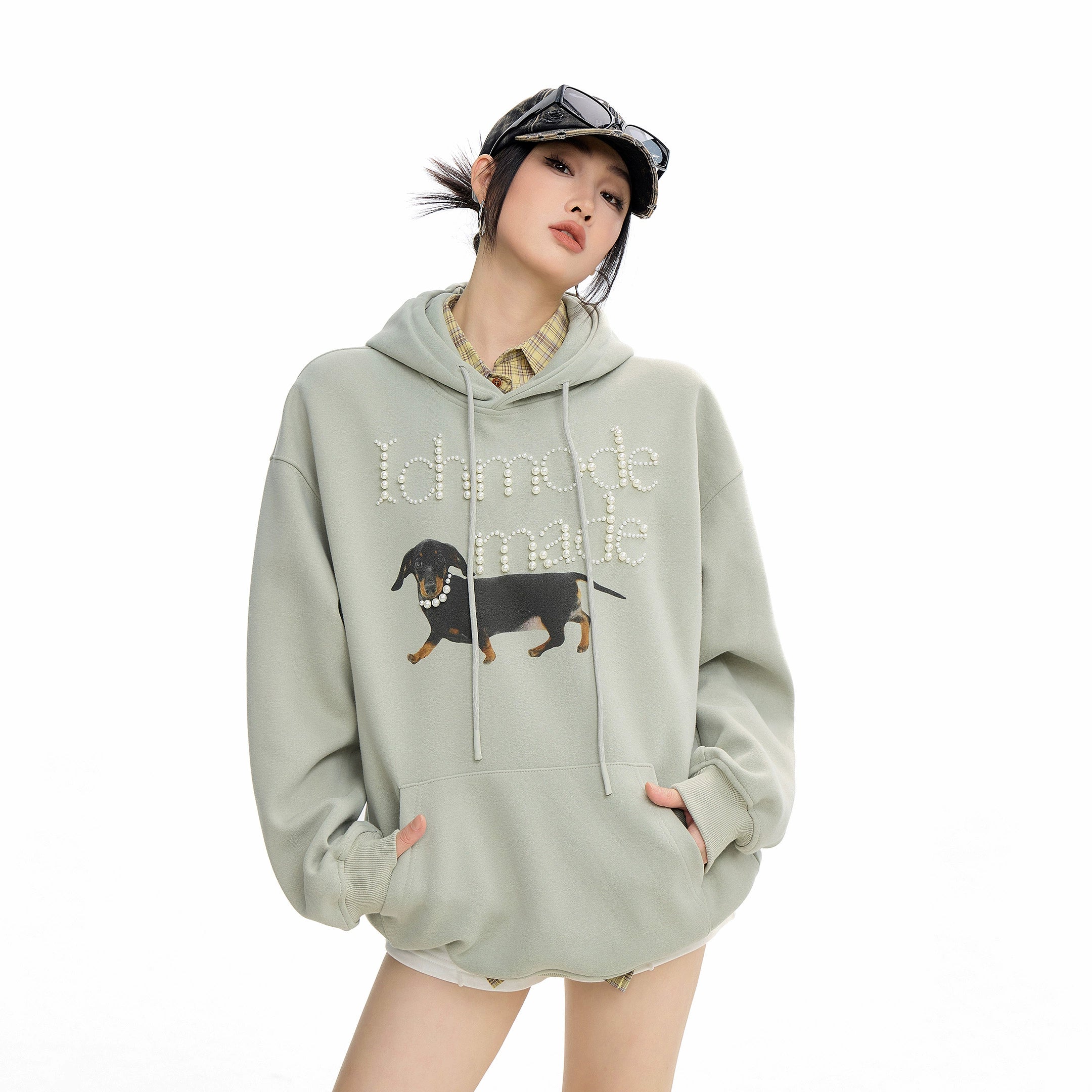 ICH MODE 美式复古珍珠连帽卫衣女秋冬新款宽松休闲百搭上衣外套