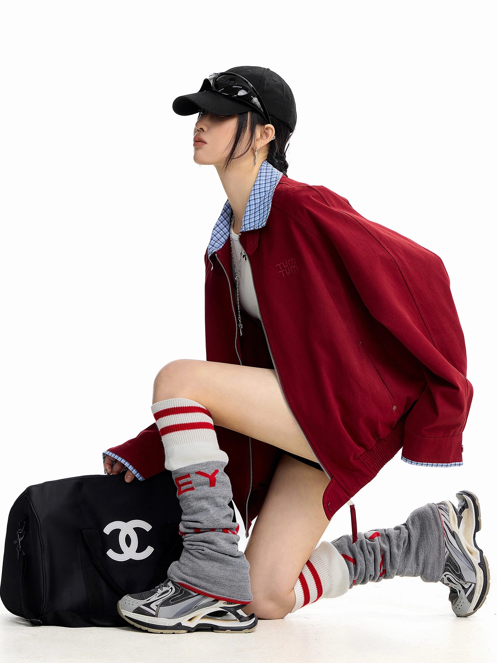 ICH MODE 美式复古格子拼接外套女秋冬宽松开衫夹克运动百搭上衣