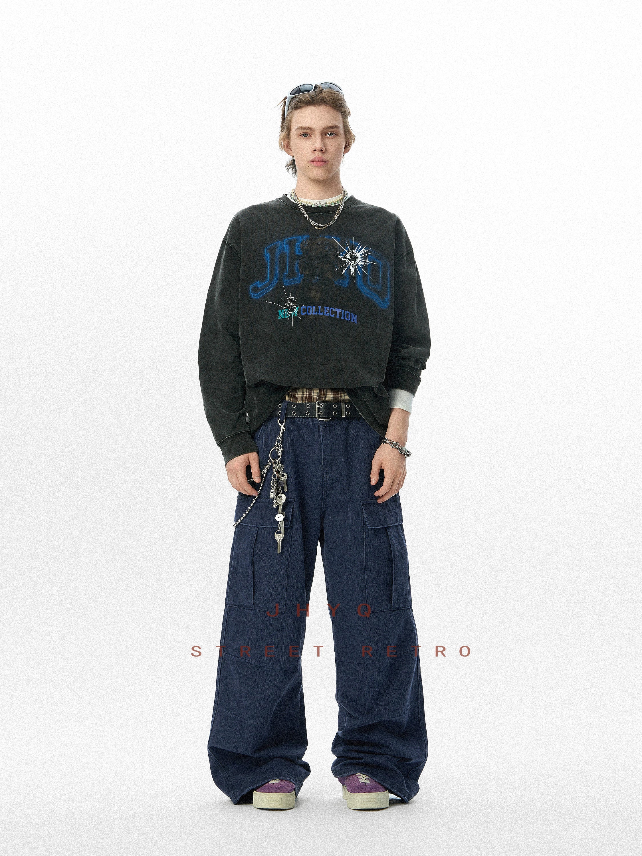 法斗犬丨JHYQ美式复古秋季水洗重磅320G长袖T恤男情侣印花卫衣衫