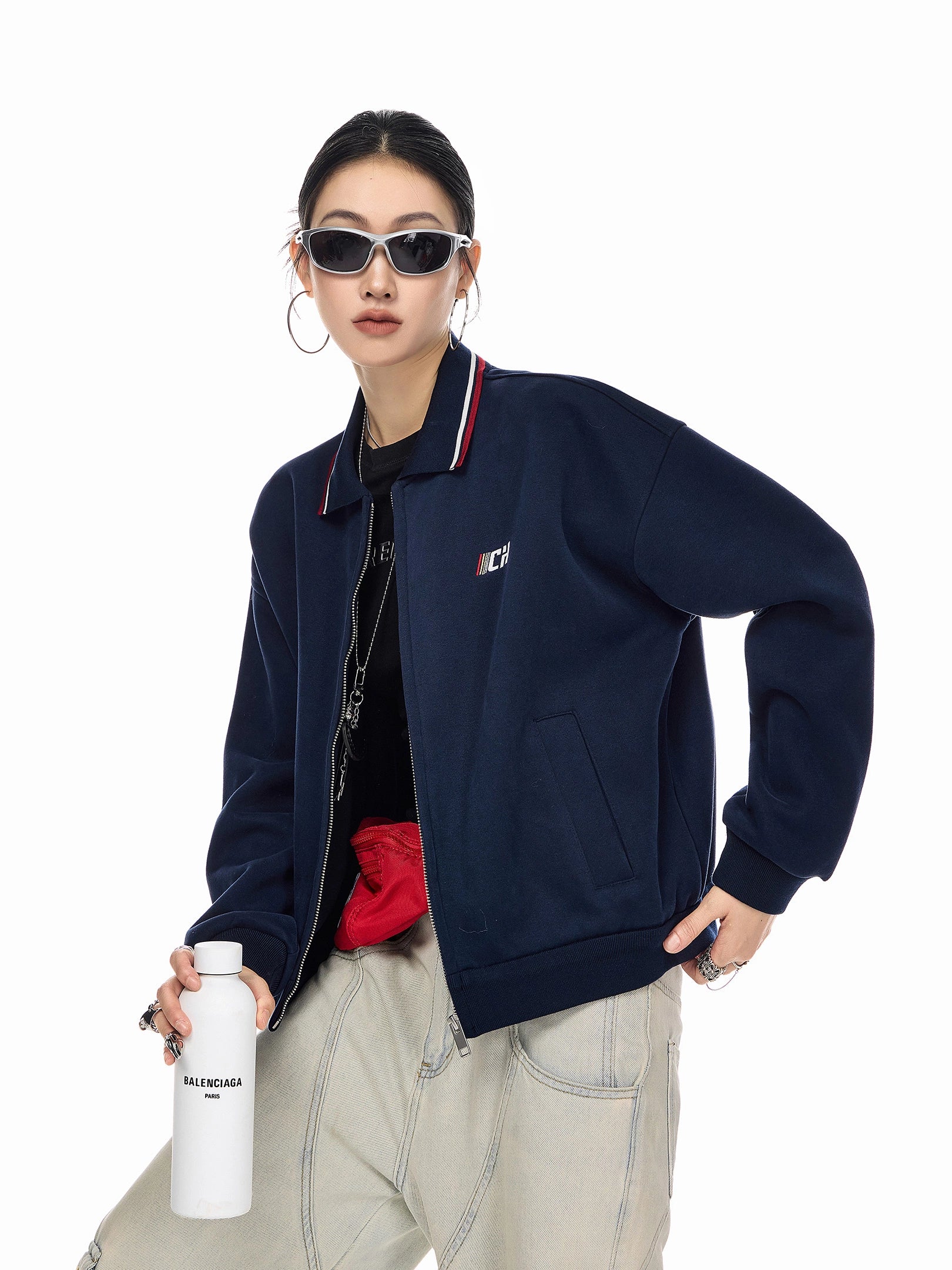 ICH MODE 美式复古刺绣翻领短款外套女2025新款秋季运动开衫上衣