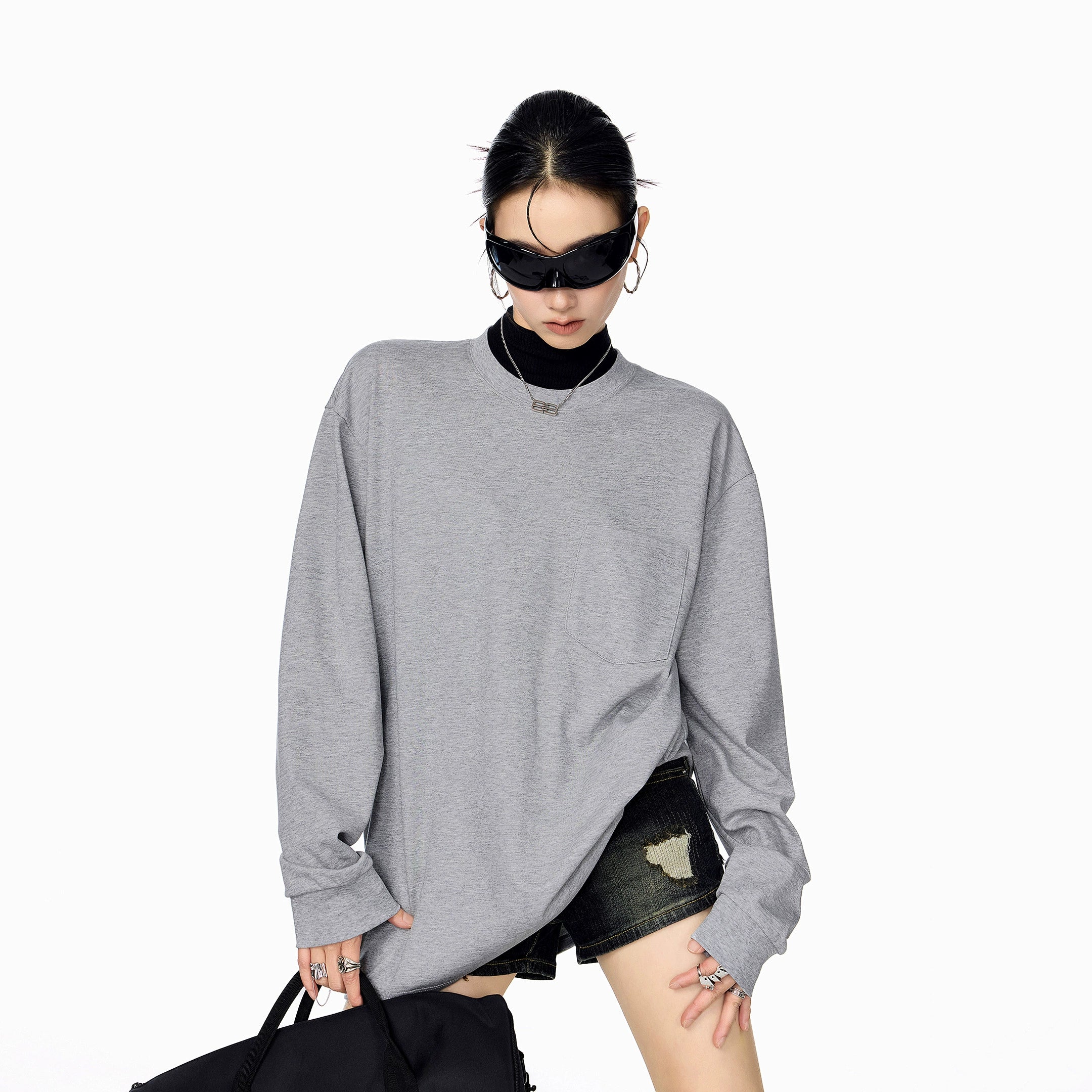 ICH MODE 美式圆领正肩长袖T恤女2025秋冬新款宽松纯色上衣打底衫