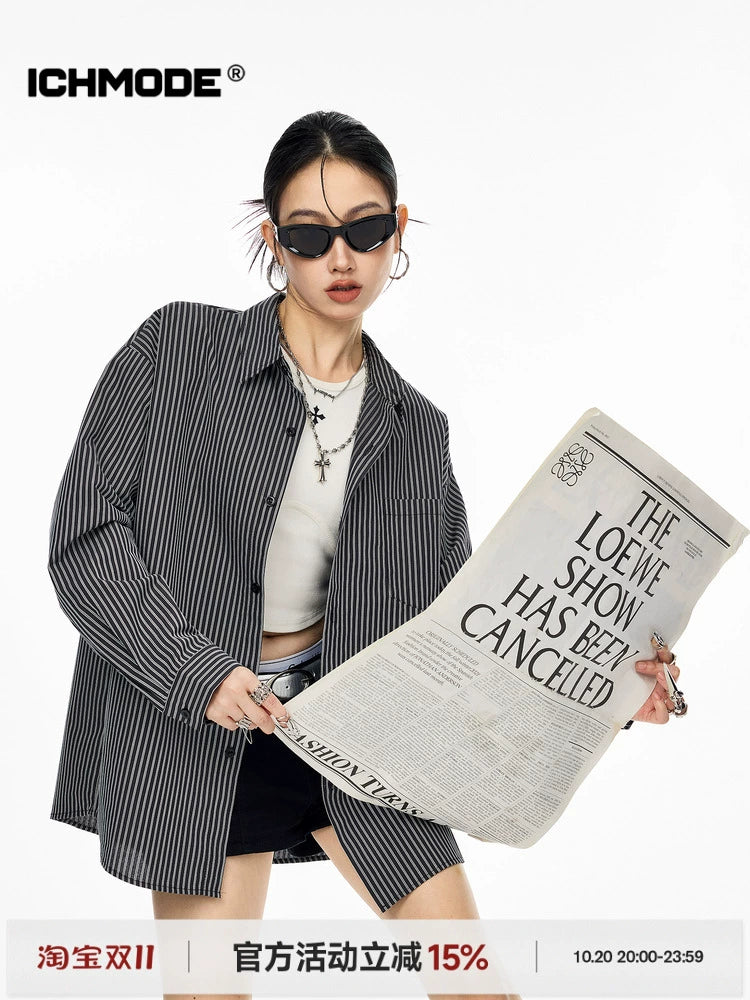 ICH MODE 美式复古条纹长袖衬衫女夏季新款宽松休闲翻领衬衣外套