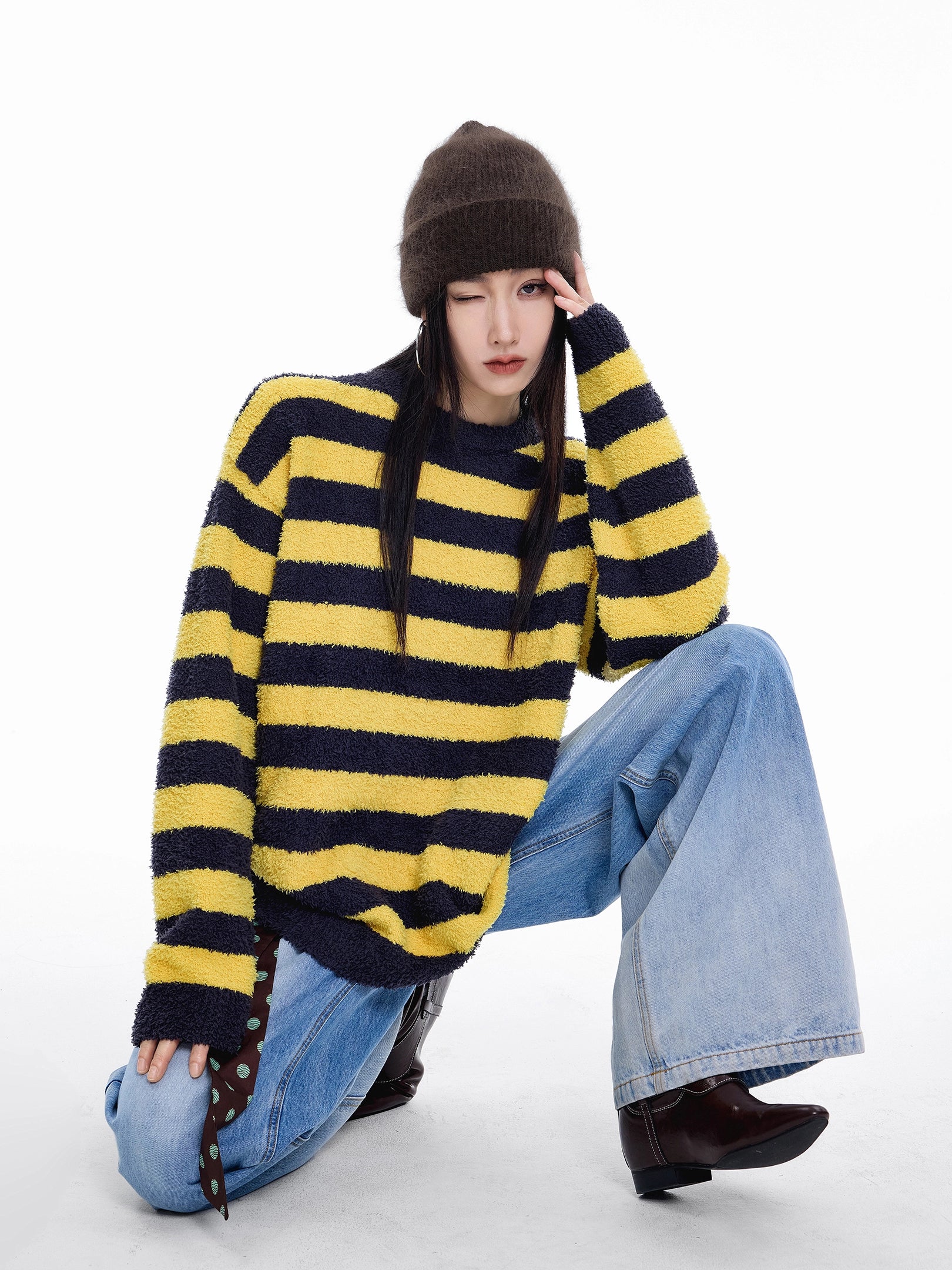 ICH MODE 美式复古撞色条纹圆领毛衣女秋冬季慵懒长袖针织衫上衣