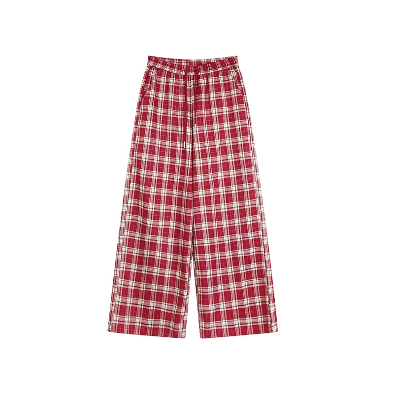 野生zero红色格子裤女春夏显瘦宽松慵懒风设计感阔腿直筒休闲裤子