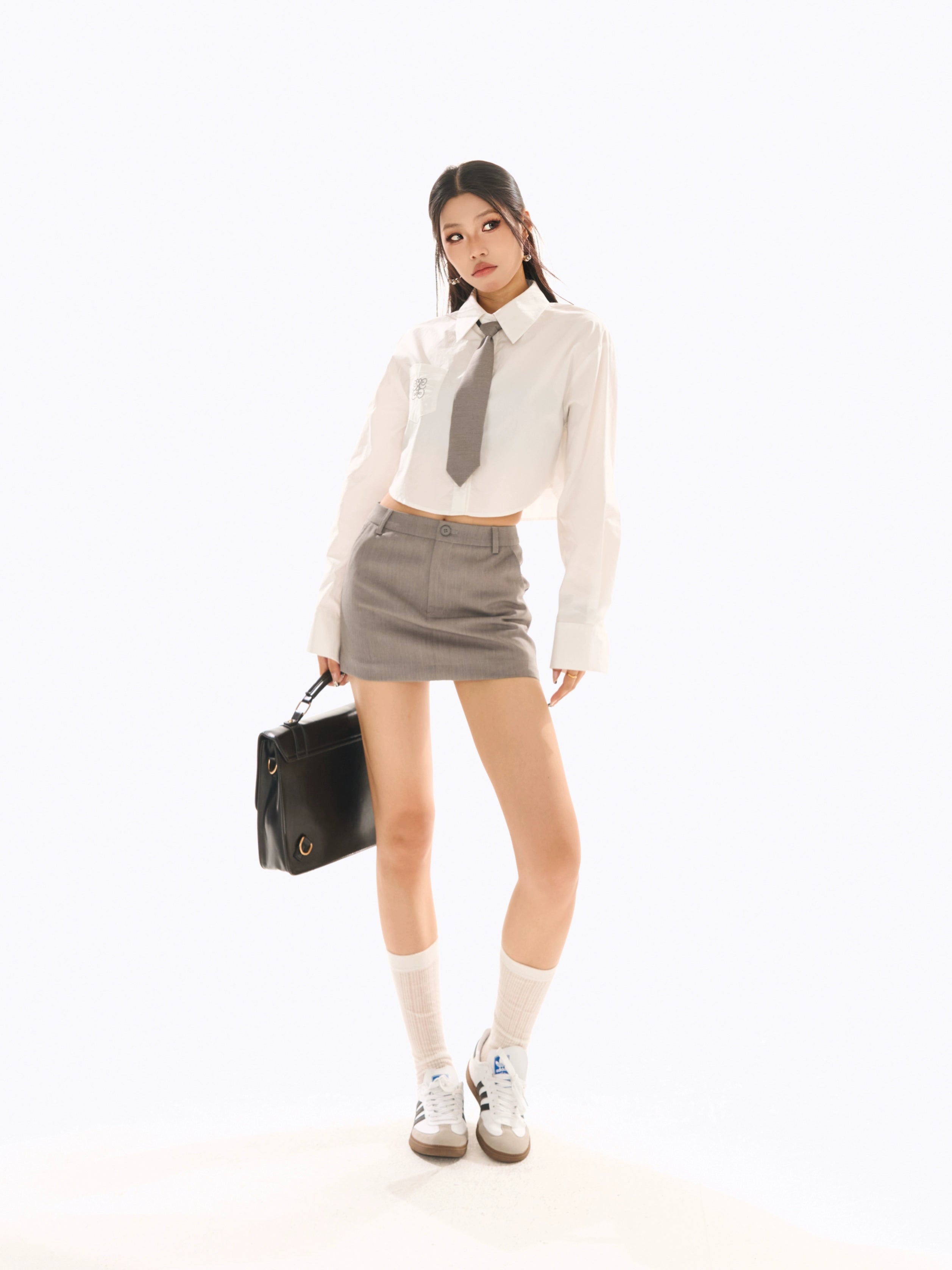 野生zerocircle 初春穿搭套装女白色短款长袖衬衫a字包臀半身裙子