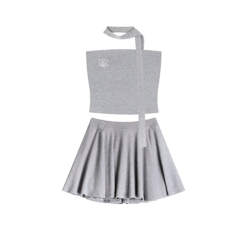 野生zero 辣妹抹胸套装裙女夏季白灰色小众宽松显瘦a字半身短裙子