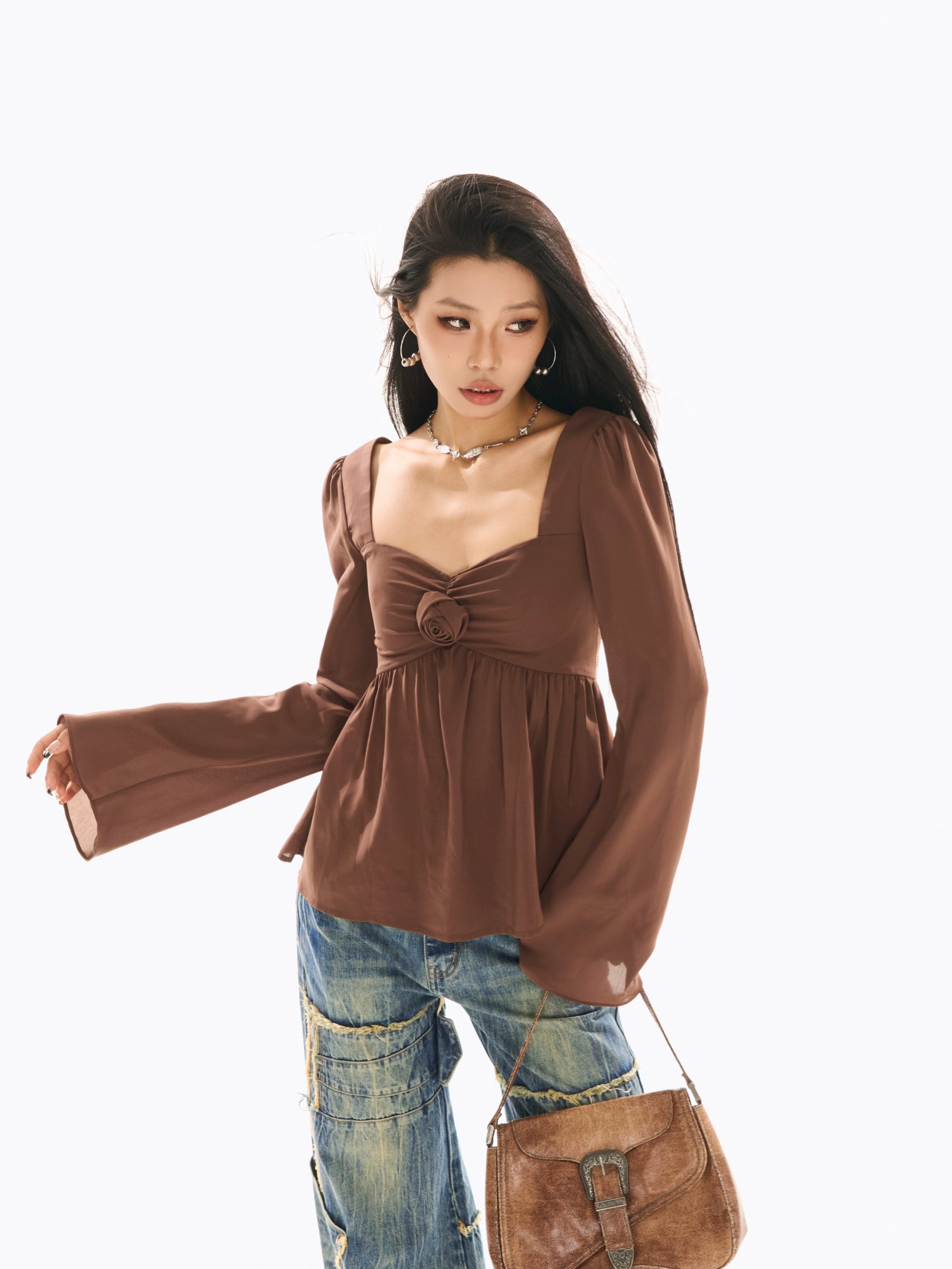 野生zerocircle红色法式别致小衫女春辣妹小众显瘦花朵喇叭袖上衣