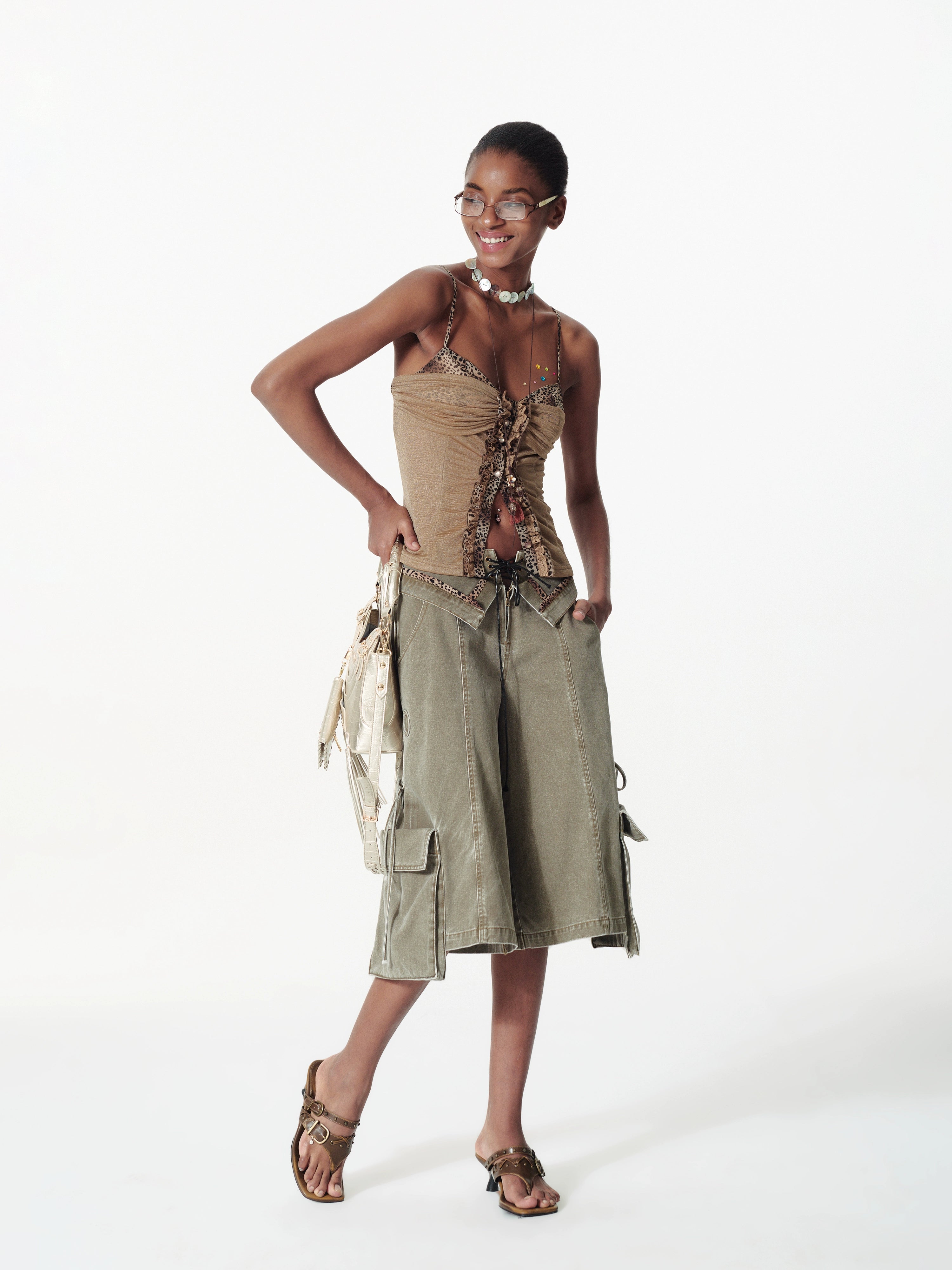 2th Desire亮闪修身曲线豹纹肌理荷叶边蕾丝花边拼接针织吊带背心