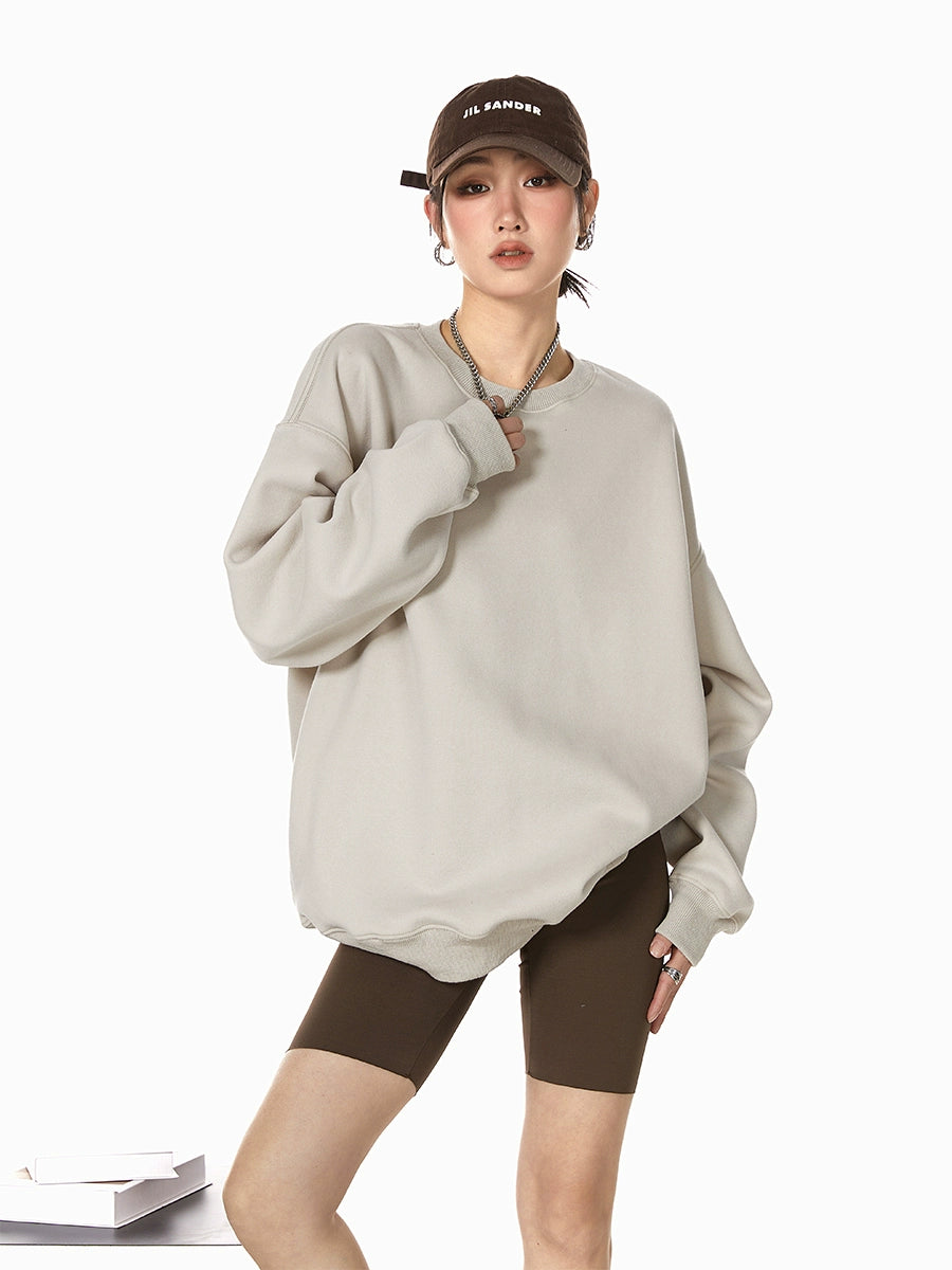 ICH MODE 美式圆领灰色卫衣女秋冬新款宽松慵懒纯色套头外套上衣