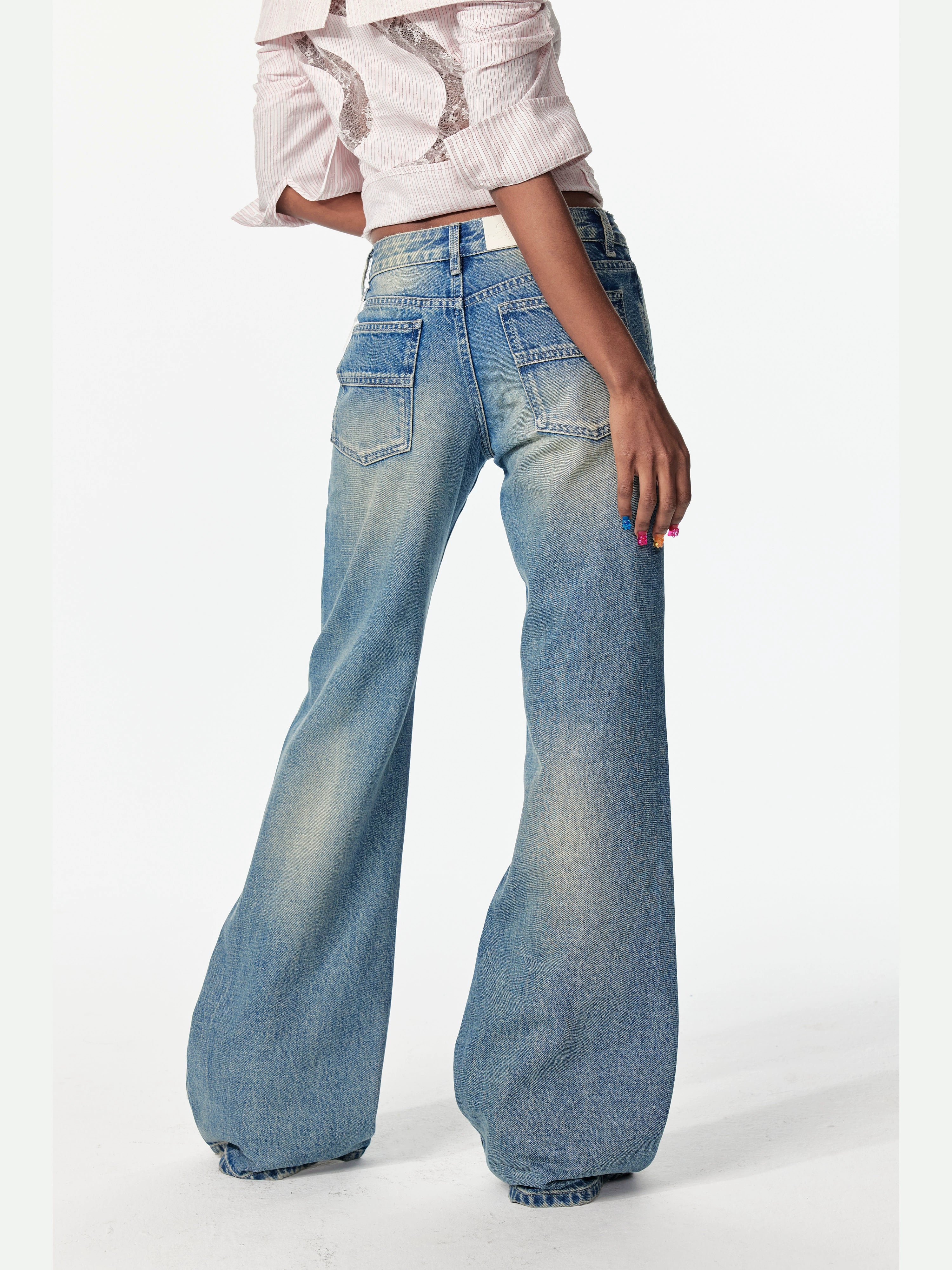 2th Desire美式复古重酵洗星落爱心烫钻低腰微喇浅色直筒牛仔裤女