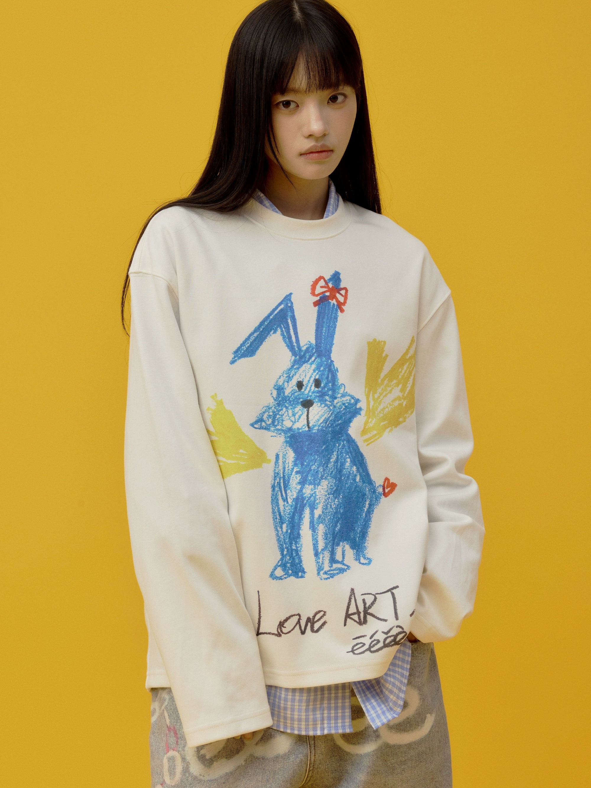 eeeeArtmonster“蓝色兔子”蜡笔手绘印花T恤重磅爱心兔长袖上衣