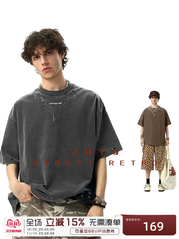 【李沛恩同款】JHYQ美式印花重磅磨毛水洗短袖T恤男宽松破洞五分