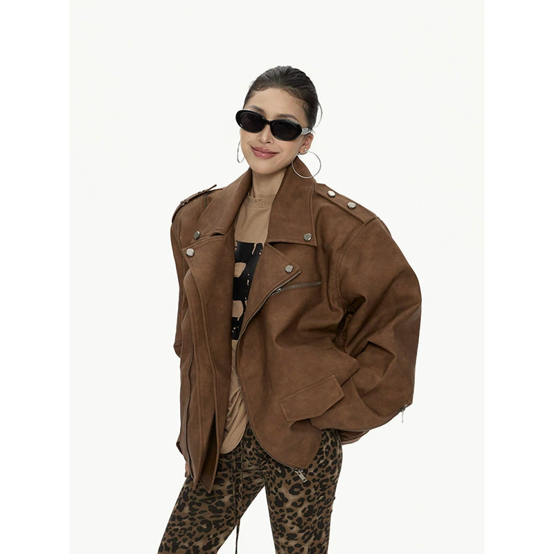 野生zero 美式复古廓形pu皮衣外套女秋冬新款酷飒风机车夹克上衣