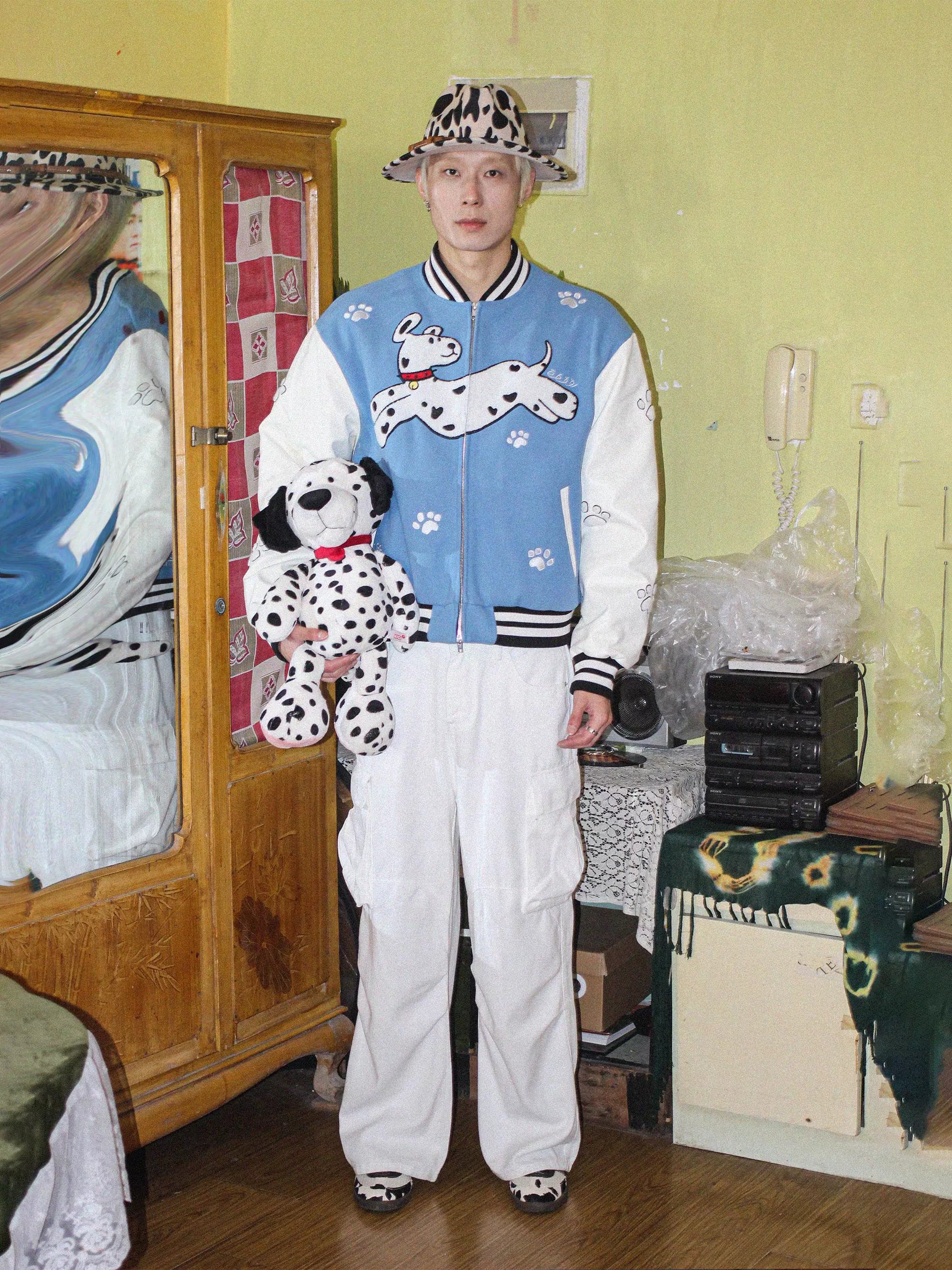“逃跑小狗” | eeeeArtmonster24FW斑点狗蓝白棒球服棉外套夹克
