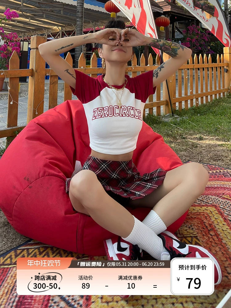 野生zero 绿蓝红色插肩短袖t恤女夏美式复古辣妹修身显瘦短款上衣