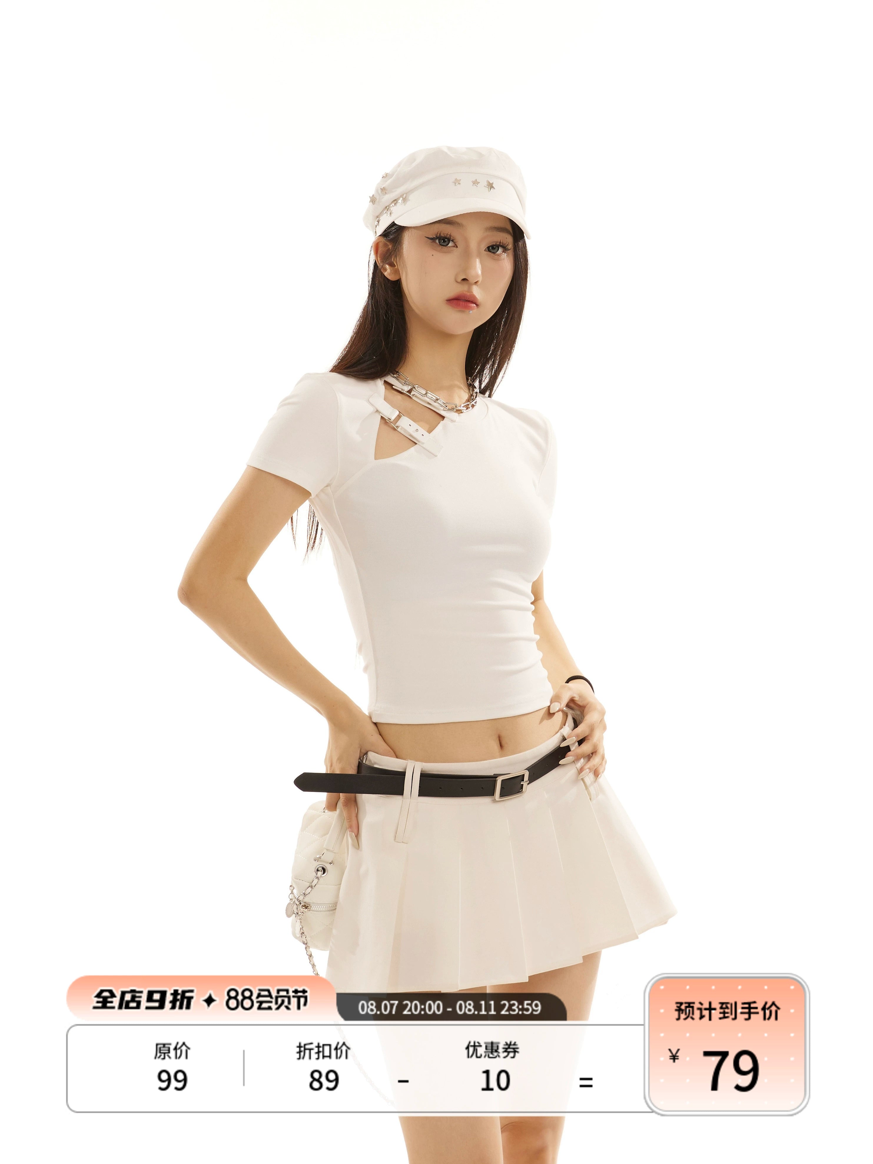 野生zero 白黑色正肩短袖t恤女夏设计感镂空辣妹修身显瘦短款上衣