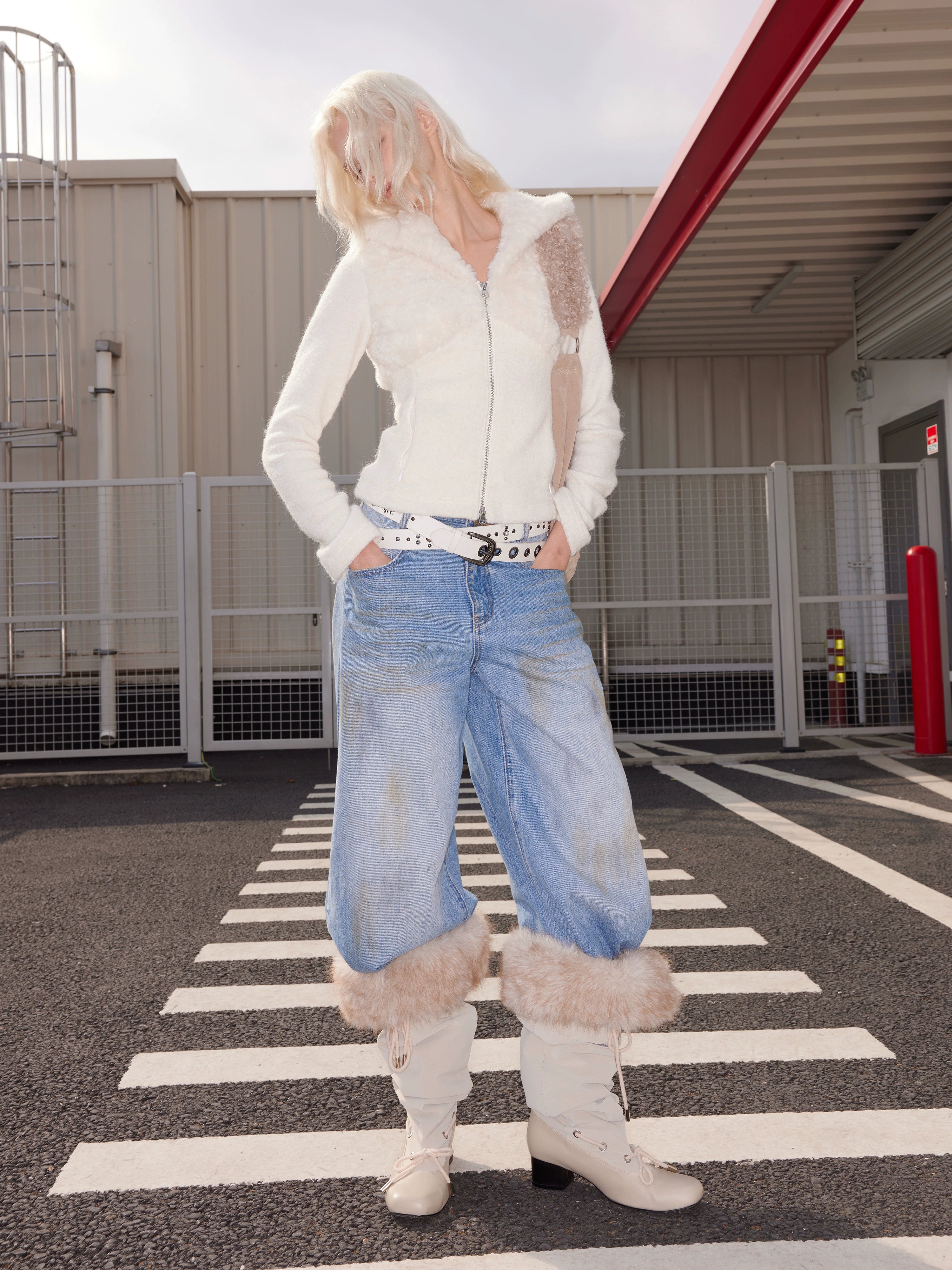 2th Desire冬日慵懒感保暖羊毛拼接连帽针织拉链翻领羊羔毛开衫女