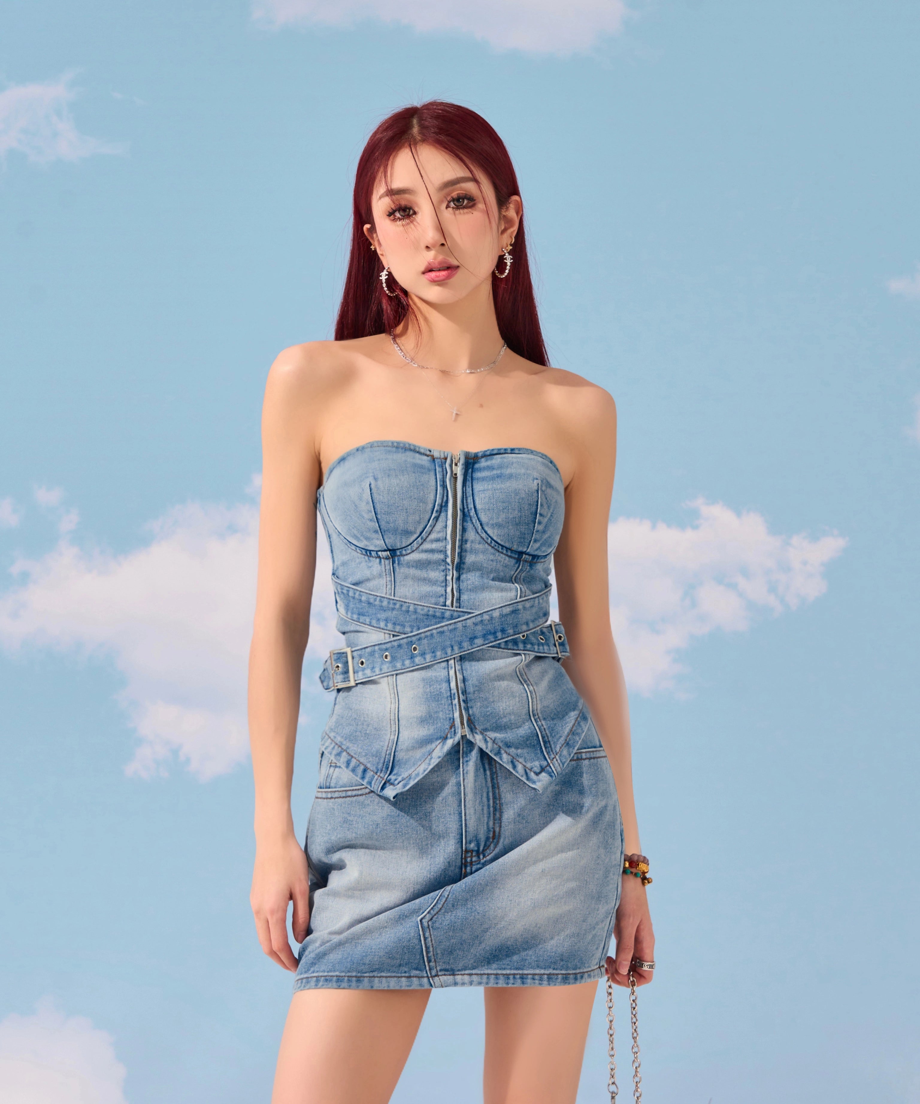 野生zerocircle 牛仔抹胸套装女夏abg辣妹高腰显瘦包臀半身短裙子