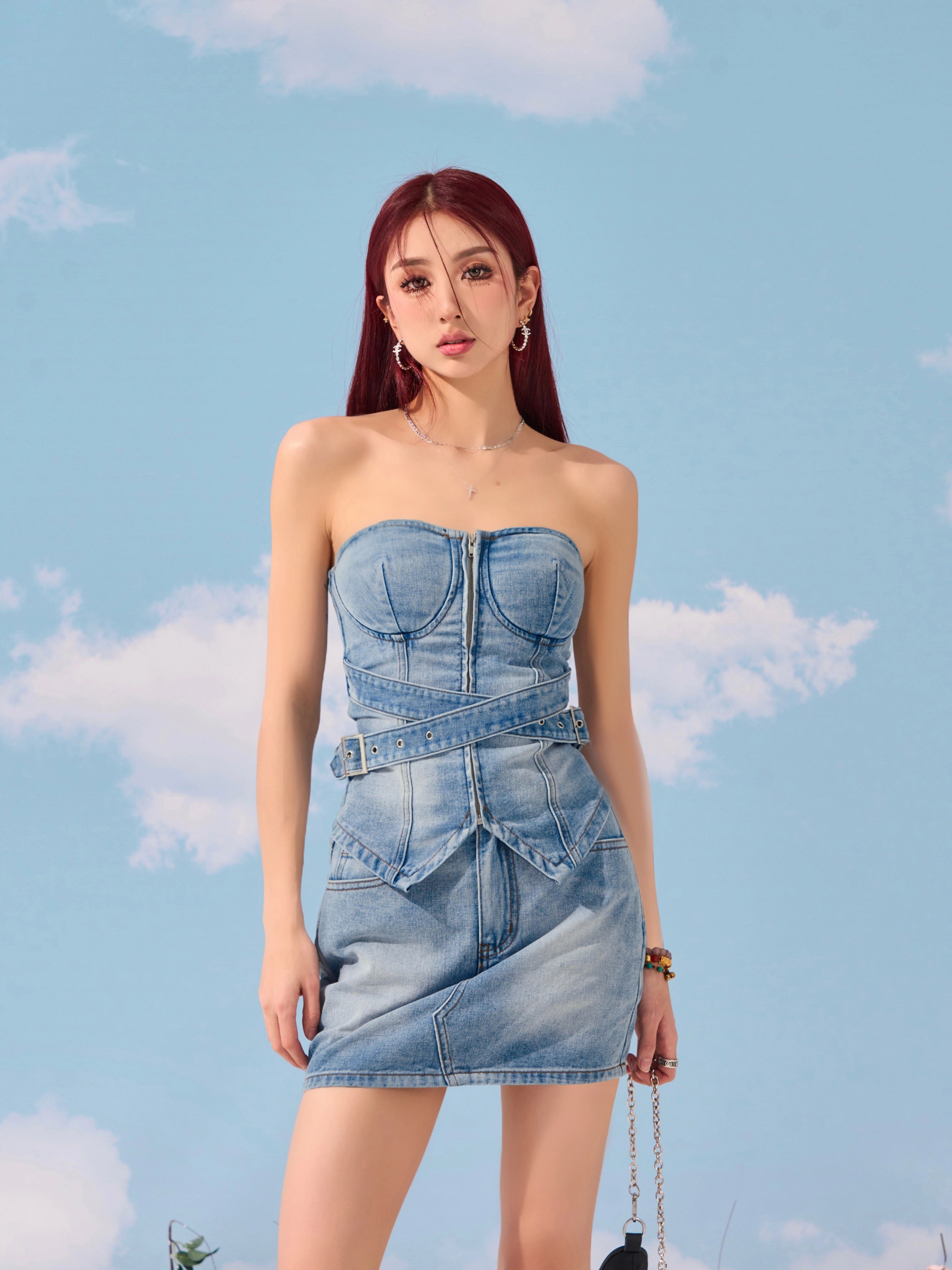 野生zerocircle 牛仔抹胸套装女夏abg辣妹高腰显瘦包臀半身短裙子