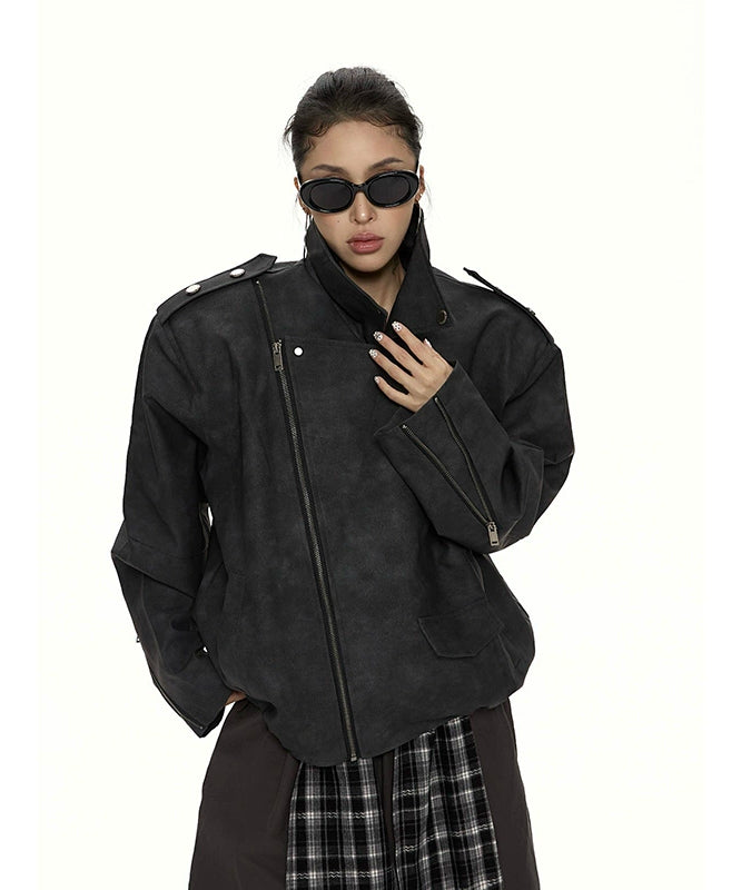 野生zero 美式复古廓形pu皮衣外套女秋冬新款酷飒风机车夹克上衣