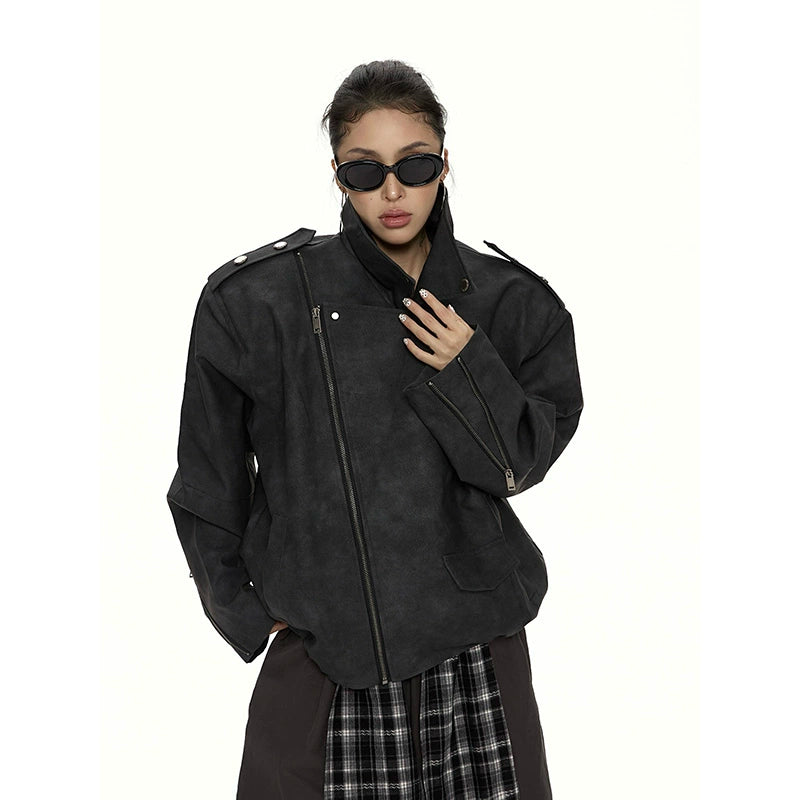 野生zero 美式复古廓形pu皮衣外套女秋冬新款酷飒风机车夹克上衣