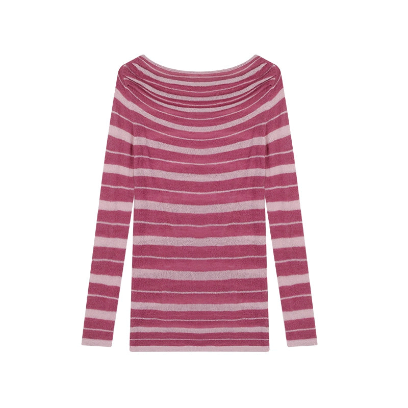 野生zerocircle条纹长袖针织衫女春季韩版宽松显瘦中长款荡领上衣