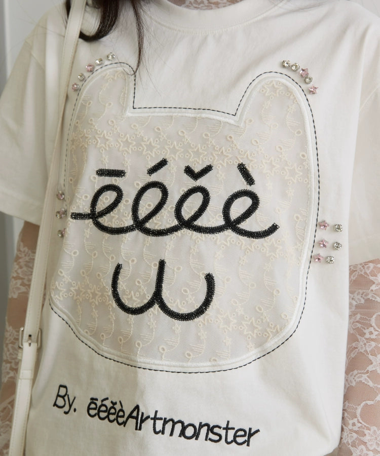 “芭蕾猫咪”｜eeee原创设计感蕾丝贴布绣T恤搞怪钻石猫咪短袖夏