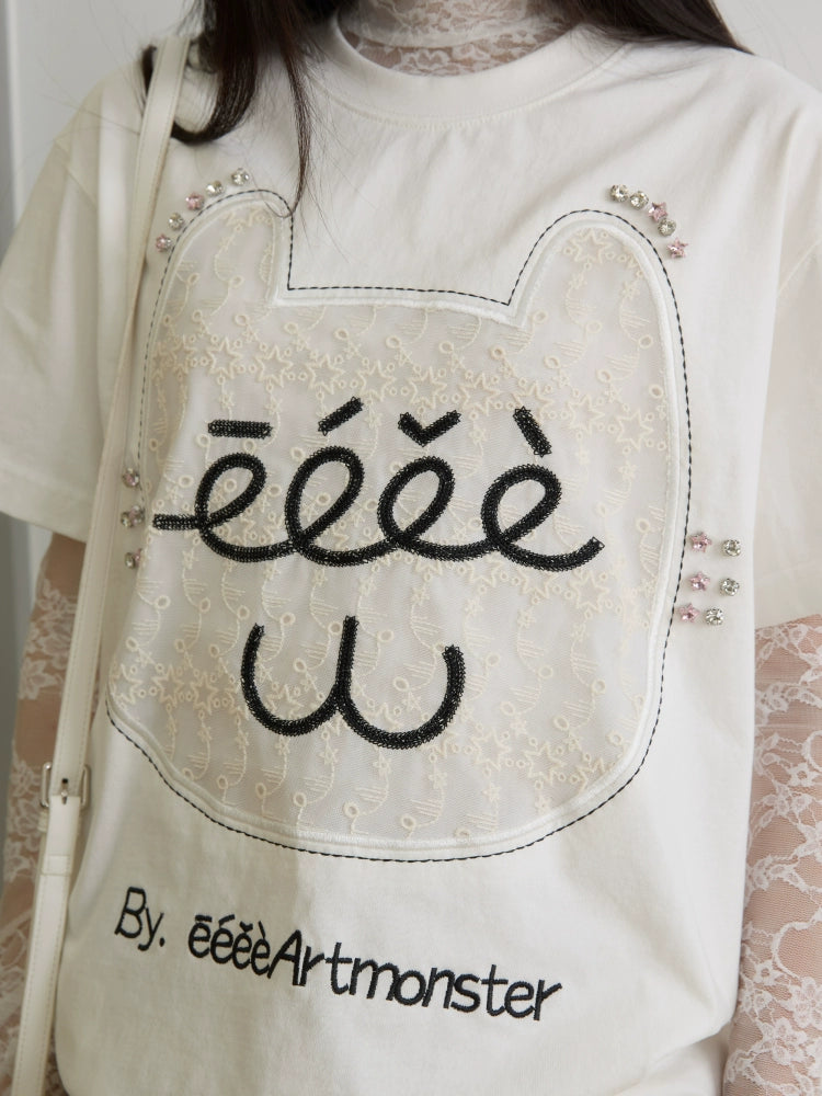 “芭蕾猫咪”｜eeee原创设计感蕾丝贴布绣T恤搞怪钻石猫咪短袖夏
